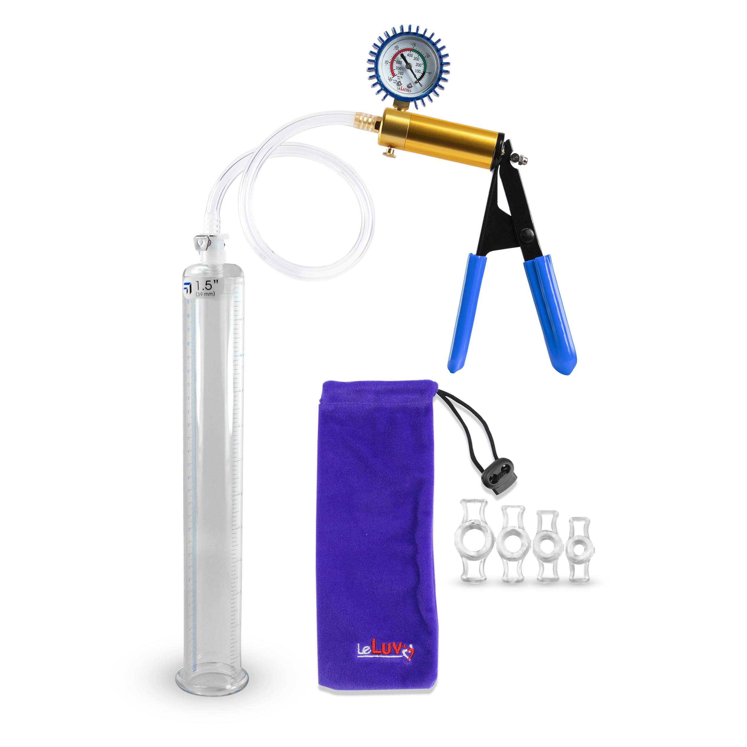 **LeLuv Ultima Penis Pump Kit with Brass Handle, Blue Rubber Grips & Clear Hose – Includes 4 Constriction Rings & 12