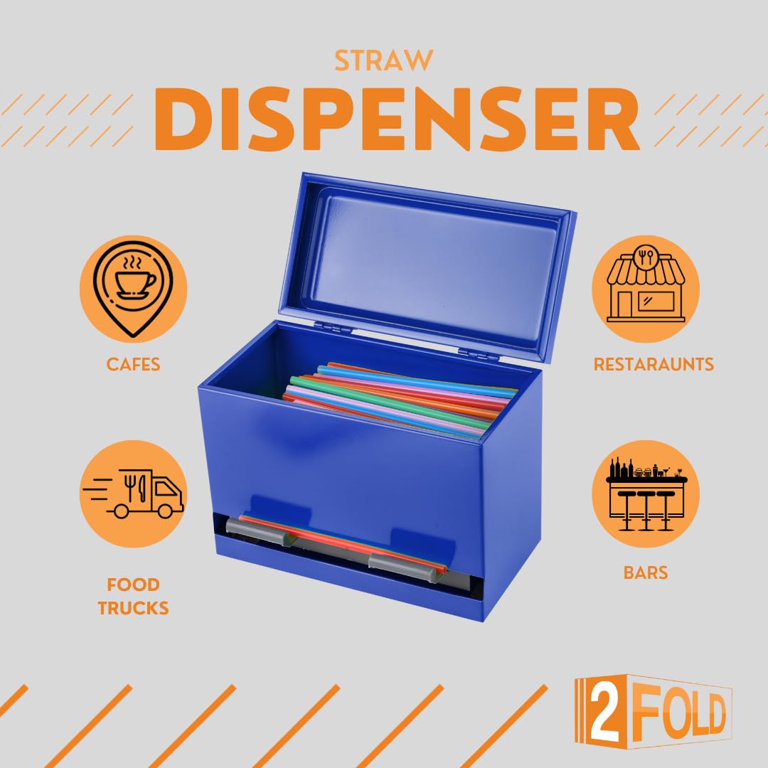 2Fold Stainless Steel Straw Dispenser - Eco-Friendly Drinking Straw Holder for Bulk Paper & Plastic Straws - Includes Custom Label Stickers (Blue) | Perfect for Restaurants, Cafes & Home Use