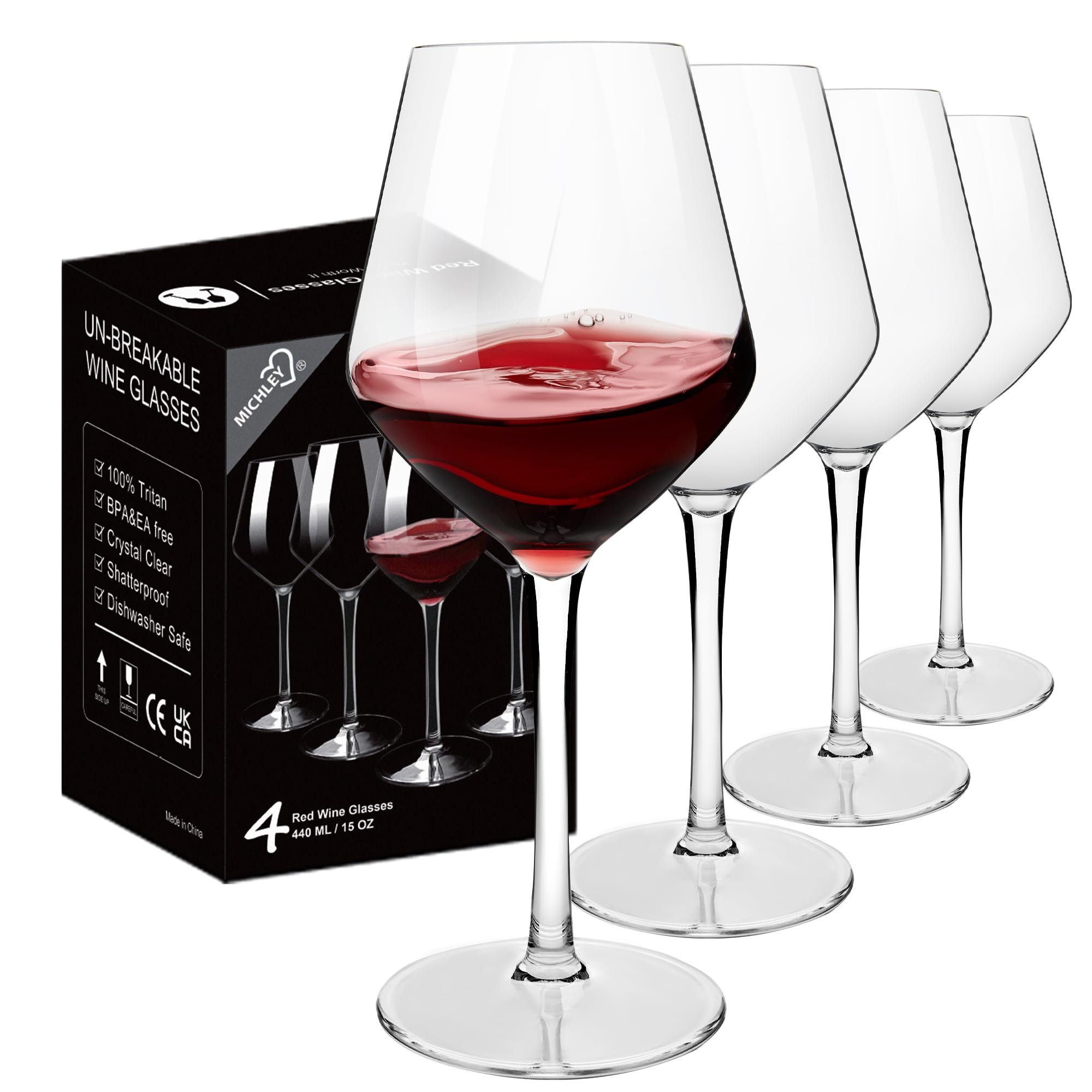 Unbreakable Tritan Plastic Wine Glasses - Set of 4 (15oz Each) | Dishwasher Safe Stemware for Outdoor, Picnic, Pool Party & RV Travel | Shatterproof Alternative to Glass
