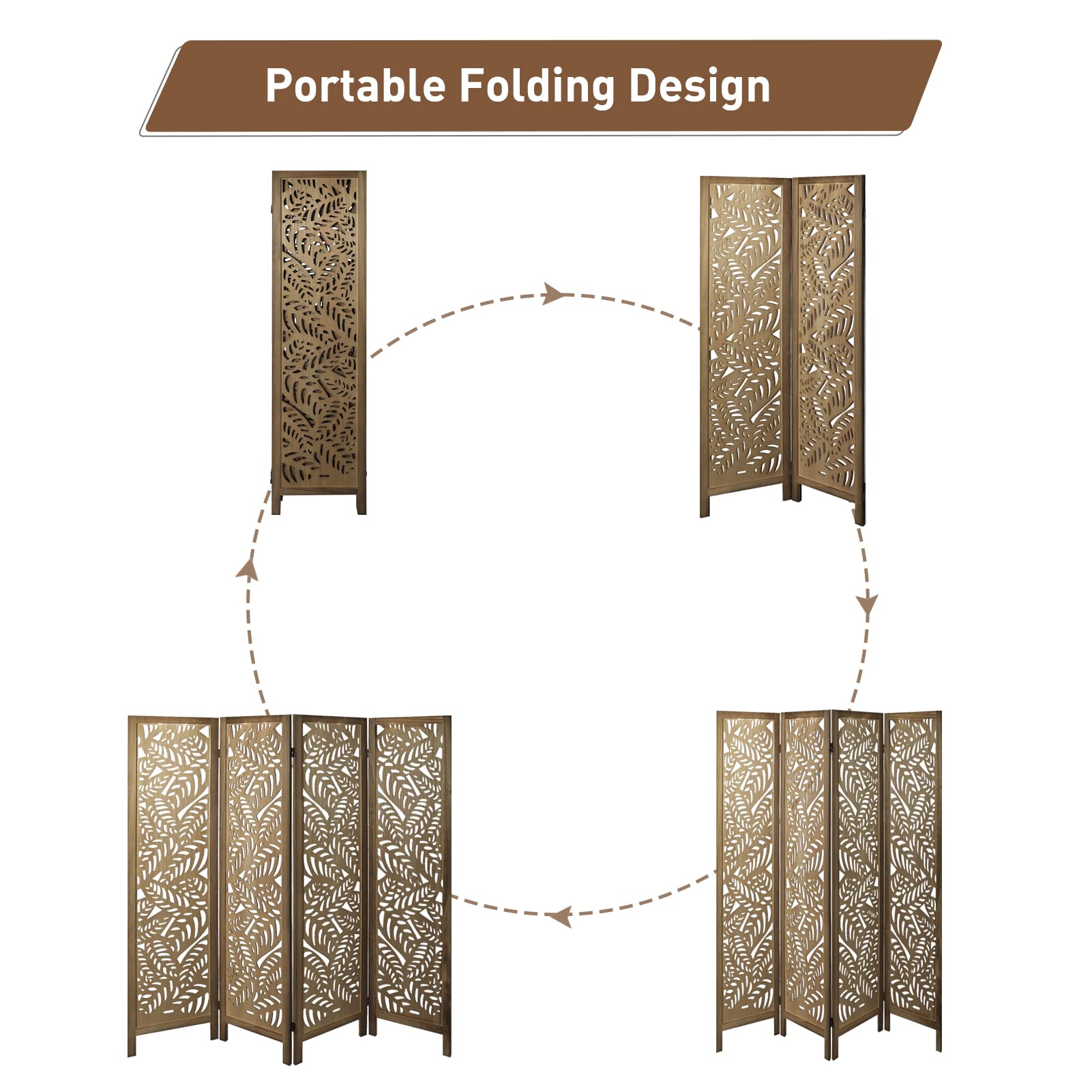 Babion 4-Panel Wooden Room Divider Screen - 5.6ft Tall Folding Partition with Exquisite Carvings - Modern Brown Bedroom Divider for Privacy & Space Separation | Perfect for Studios, Apartments, Offices & Home Decor