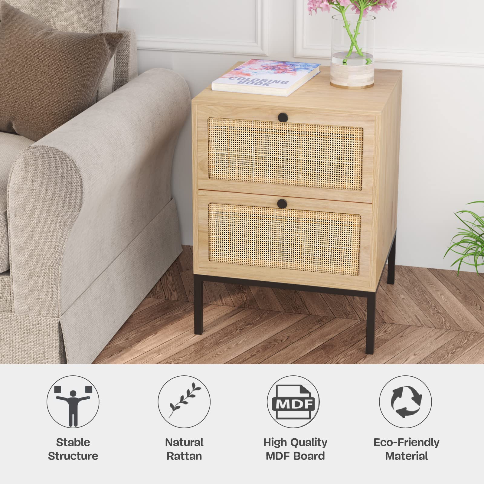 Rattan Nightstand Set of 2 - Boho Bedside Tables with Natural Woven Drawers, Modern Farmhouse Night Stand for Bedroom & Living Room, Natural Finish with Sturdy Metal Legs | Perfect for Cozy Bedrooms, Guest Rooms & Boho-Chic Home Decor