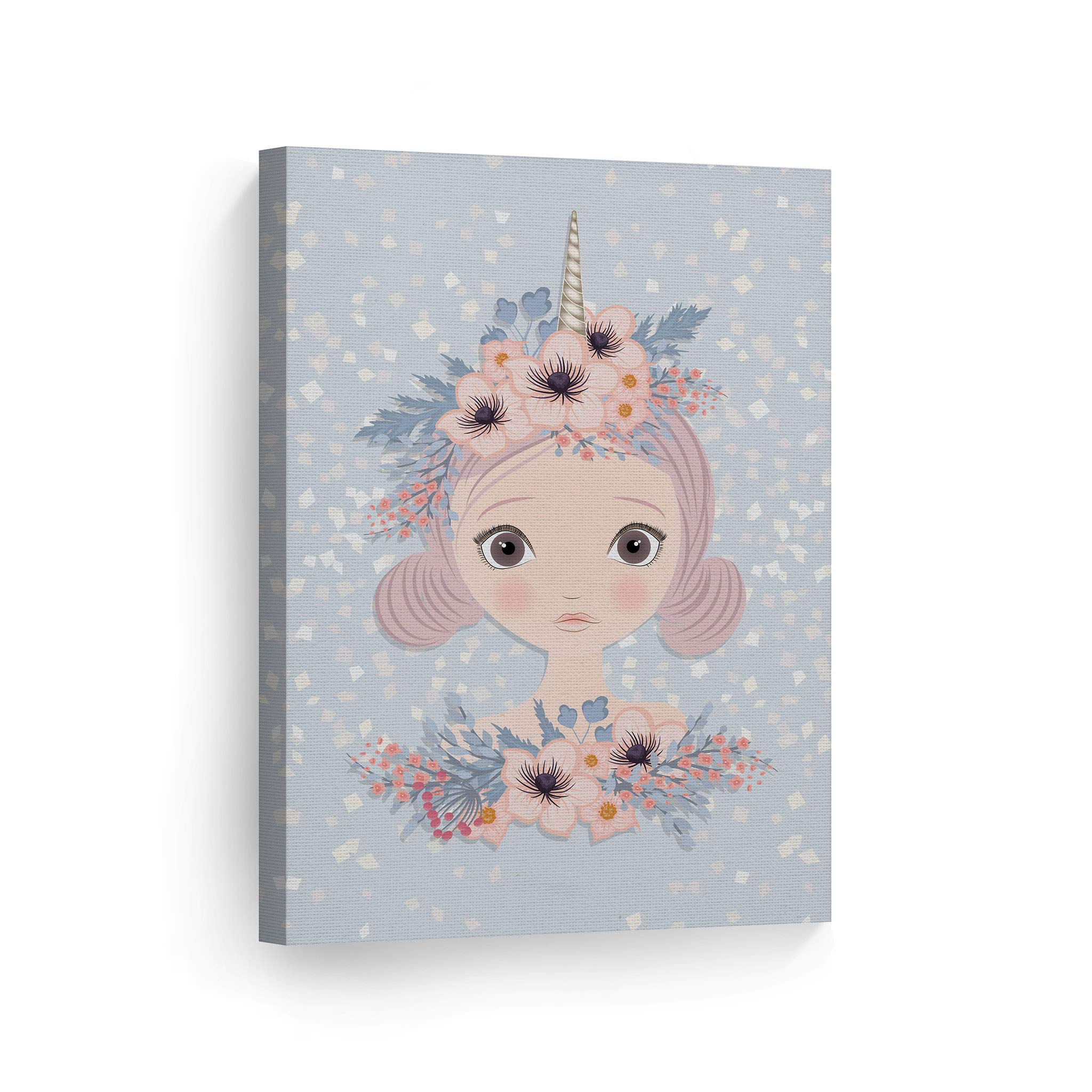 Unicorn Girl and Flowers Canvas Wall Art - Blue Smile Art Design Print for Kids Room, Nursery & Baby Room Decor - Ready to Hang Made in USA (28x19) - Perfect Gift for Girls Birthday & Unicorn Themed Bedroom