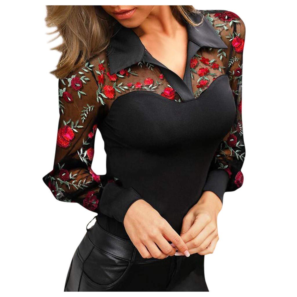 Women's Casual Mesh Blouse Top with Embroidery - Sheer Yoke Neck Loose Fit Tunic Shirt (Black, S) | Perfect for Summer Outfits, Beach Wear & Boho Style Fashion