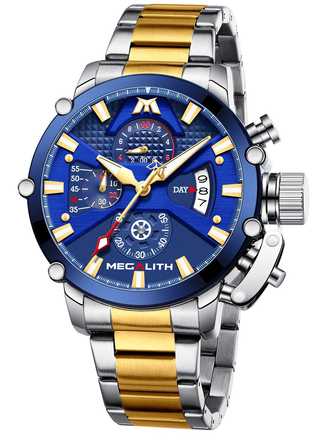 MEGALATH Men's Stainless Steel Chronograph Watch 45mm - Waterproof Analog Quartz Date Luminous Multifunctional Wristwatch for Men - Perfect for Outdoor, Business, Casual & Sports Wear