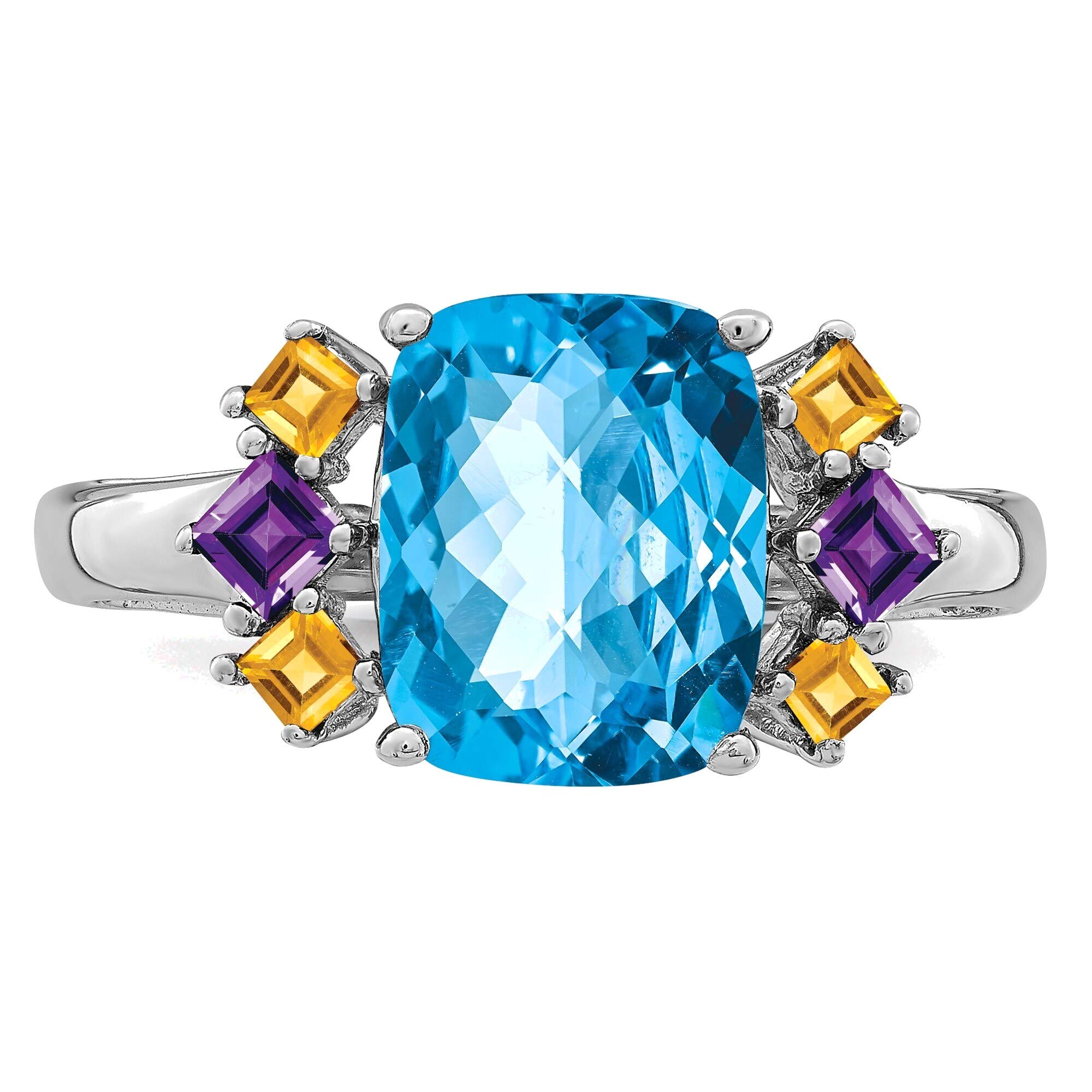Sterling Silver Rhodium Ring with Swiss Blue, Amethyst & Citrine - Size 7 for Women's Fashion Jewelry