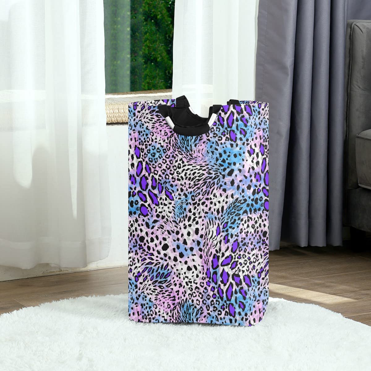 Foldable Leopard Print Laundry Bag with Handles - Collapsible Purple Laundry Hamper Basket for Bathroom Storage & Laundry Room Organization | Perfect for College Dorms, Travel & Home Decor