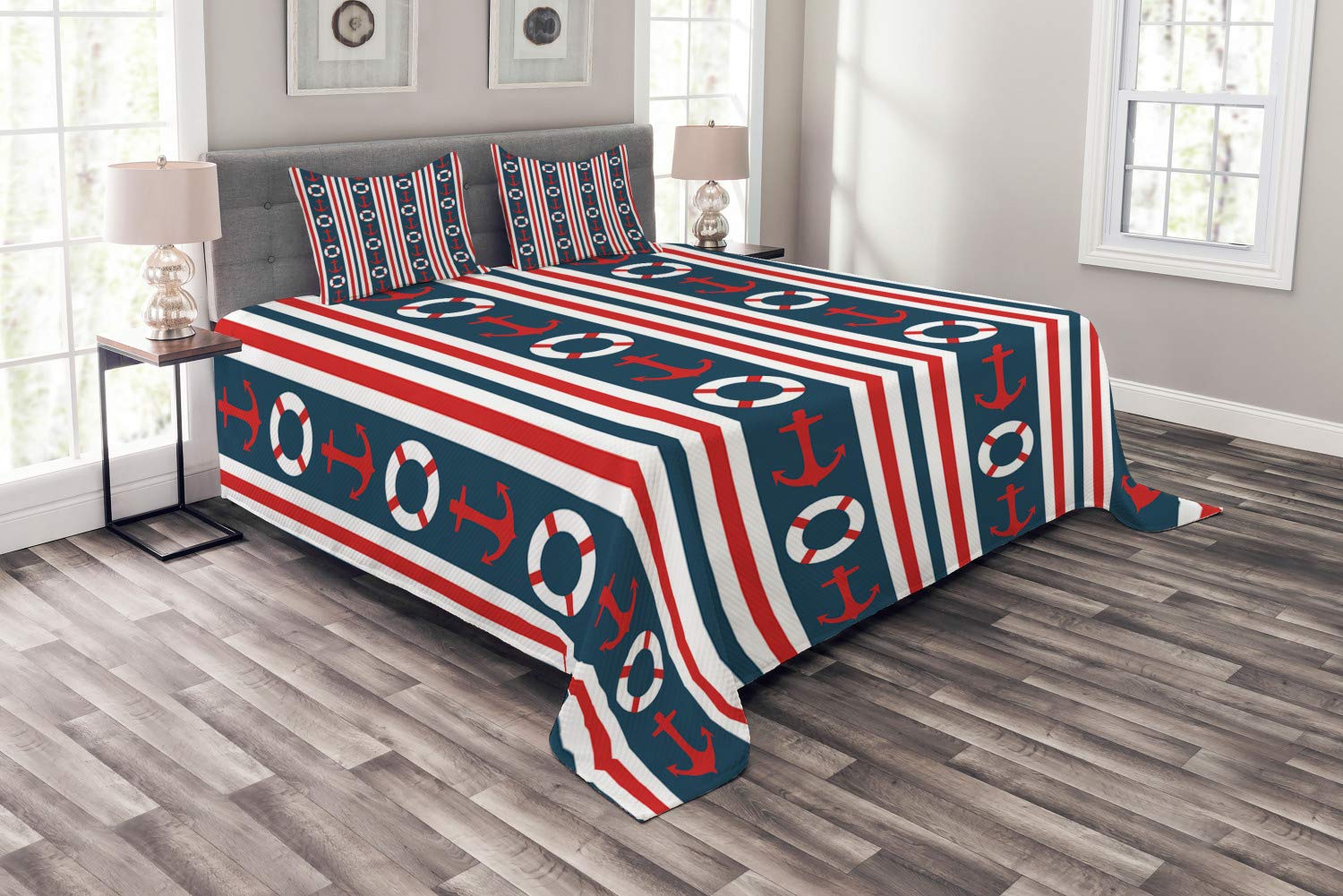 Ambesonne Nautical Bedspread Set - 3 Piece Queen Size Bedding with Maritime Stripes, Steering Wheel & Anchor Pattern in Indigo Red White | Coastal Decor for Guest Rooms, Beach Houses & Nautical Themed Bedrooms