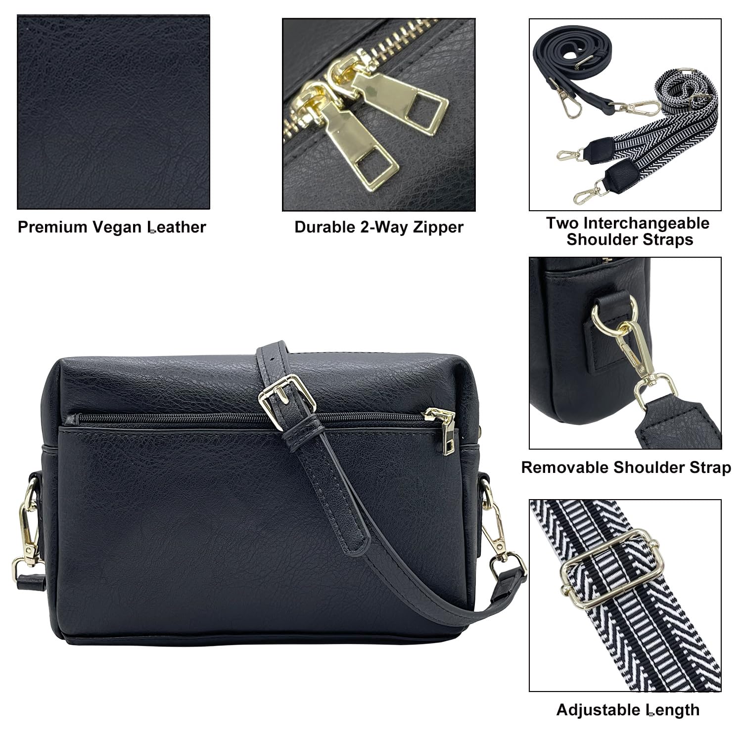 Women's Vegan Leather Crossbody Bag with Triple Zip & Adjustable Straps for Travel & Daily Use