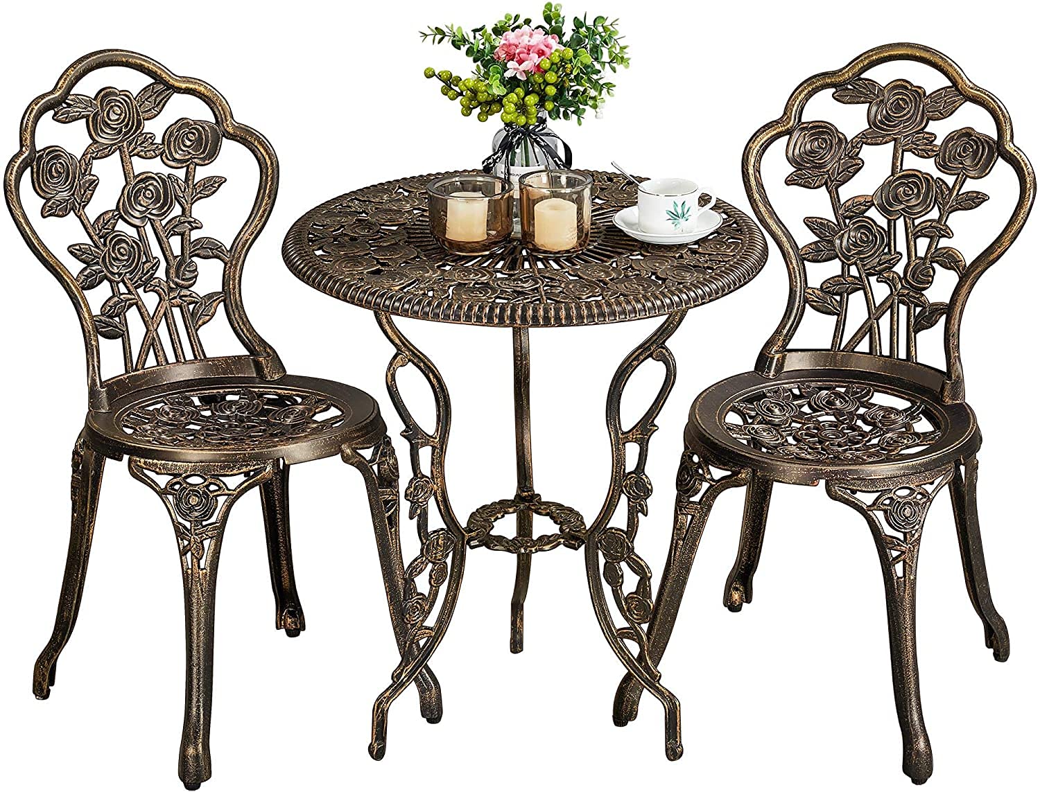 3-Piece Outdoor Bistro Set with Rose Pattern - 1 Table & 2 Chairs, Aluminum & Cast Iron Patio Furniture for Garden, Backyard, Deck or Balcony