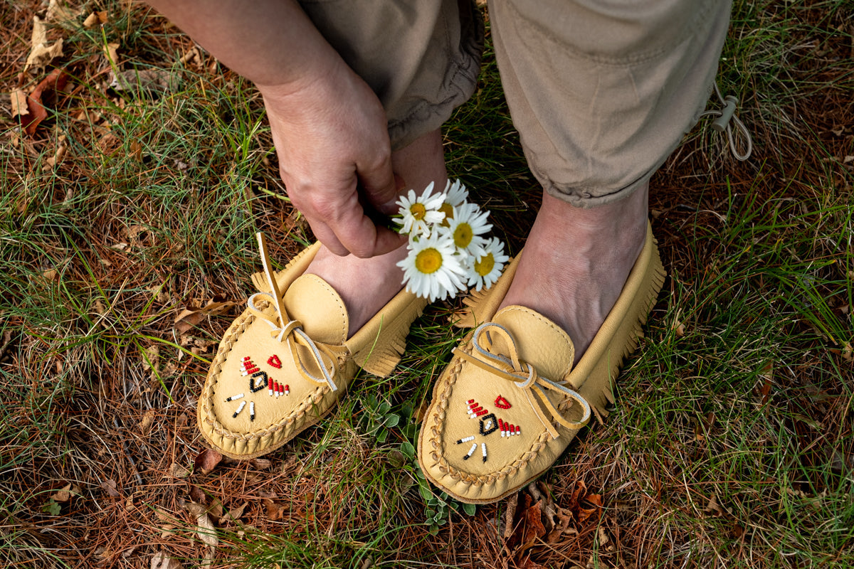 Women's Fringed Moose Hide Leather Earthing Moccasins - Soft & Comfortable Native American Style Shoes for Indoor/Outdoor Wear - Perfect for Yoga, Meditation & Relaxation at Home