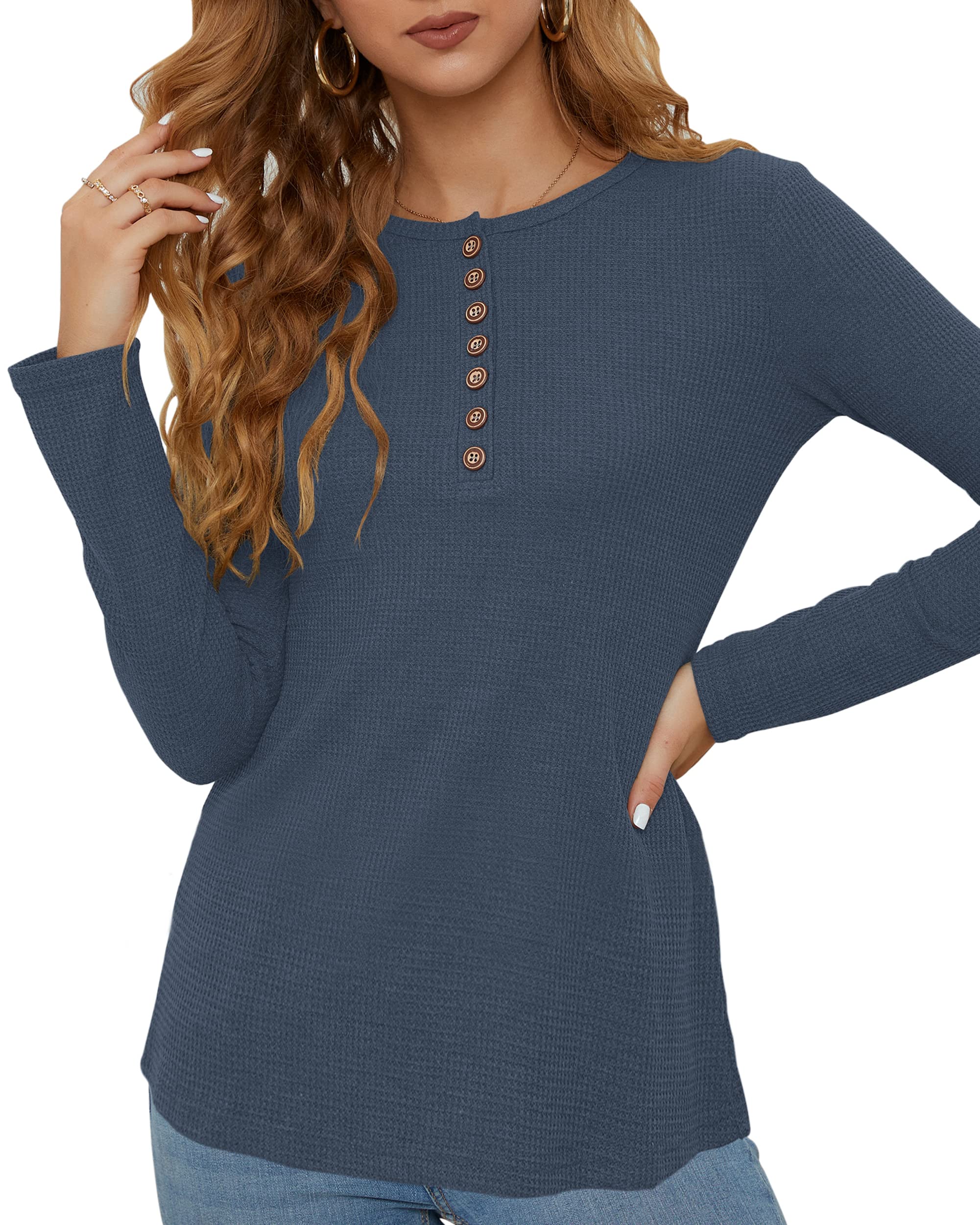 WNEEDU Women's Waffle Knit Long Sleeve Henley Shirt - Slim Fit Button Down V-Neck Casual Blouse for Work, Date Night & Fall Layering