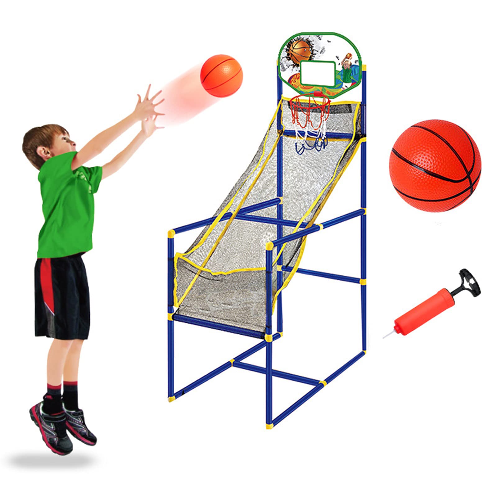 Adjustable Kids Arcade Basketball Hoop - Indoor Sports Shooting Game with Mini Hoop, Inflatable Ball & Pump - Easy to Install for Home Playroom, Bedroom & Backyard Fun