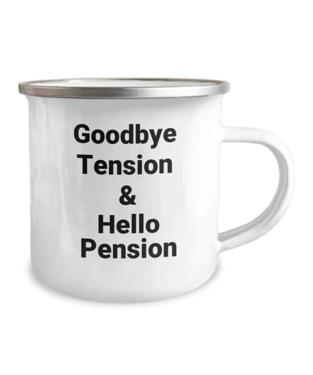 ZapBest Retirement Coffee Mug - 12 Oz Stainless Steel Enamel Finish White Camping Mug - Funny Retirement Gift Saying 'Goodbye Tension Hello Pension' - Perfect for Retirees, Camping Trips & Office Use