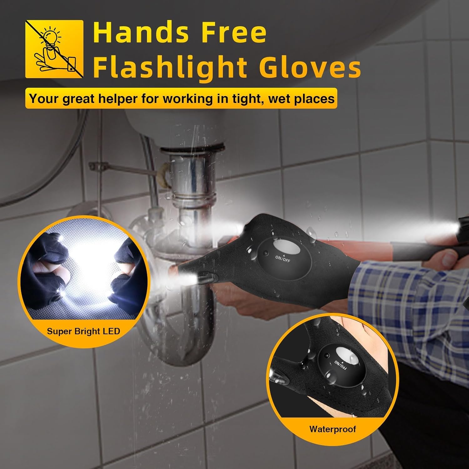 LED Flashlight Gloves for Men - Perfect Father's Day, Christmas & Birthday Gifts from Daughter, Son or Wife - Cool Gadgets for Repairing, Fishing & Camping - Black Finger Lights for Dad, Boyfriend & Men