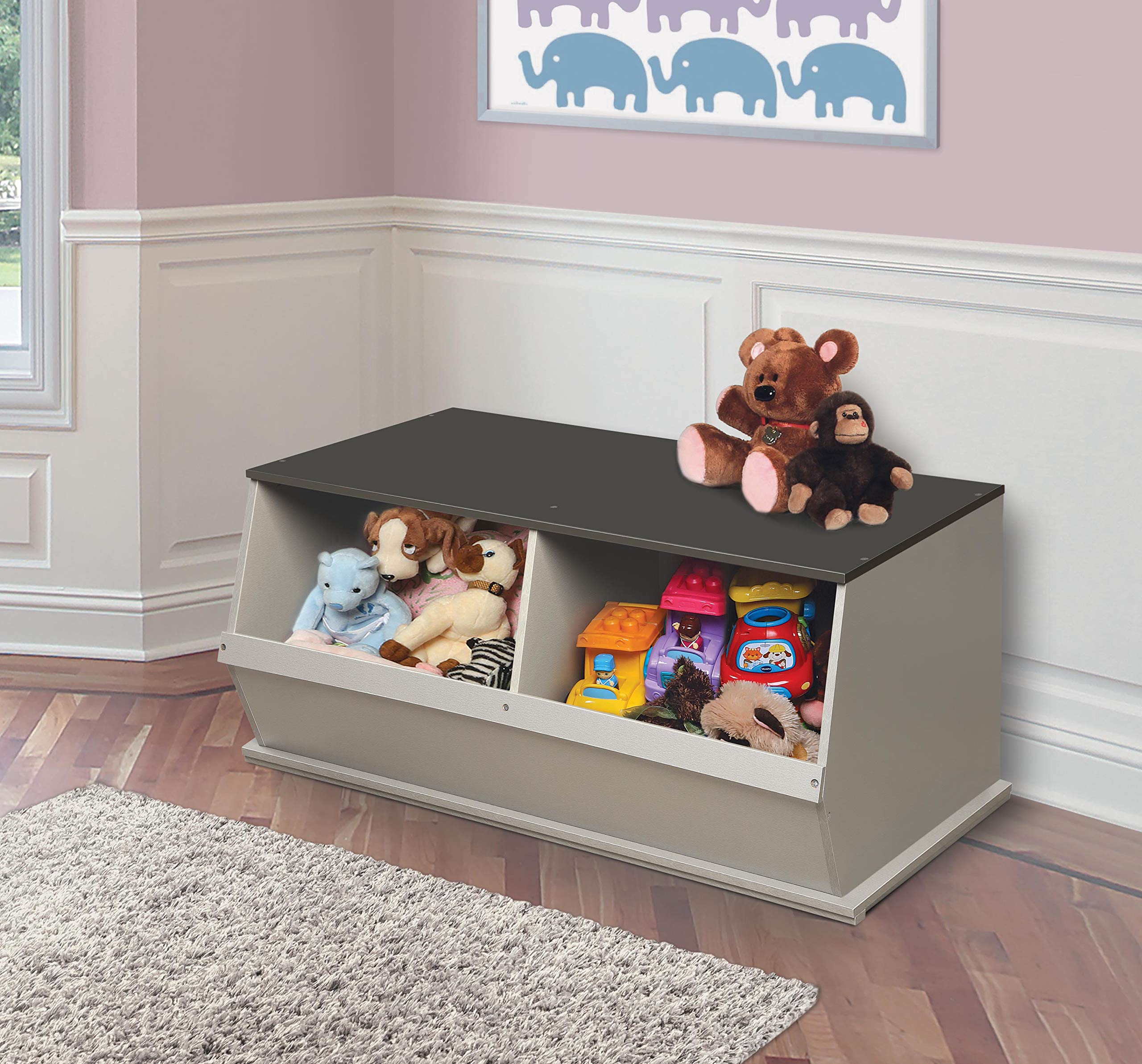 Badger Basket Two Bin Stackable Toy Storage Organizer - Woodgrain & Gray | Kids Room Organization, Playroom Storage, Nursery Toy Bins