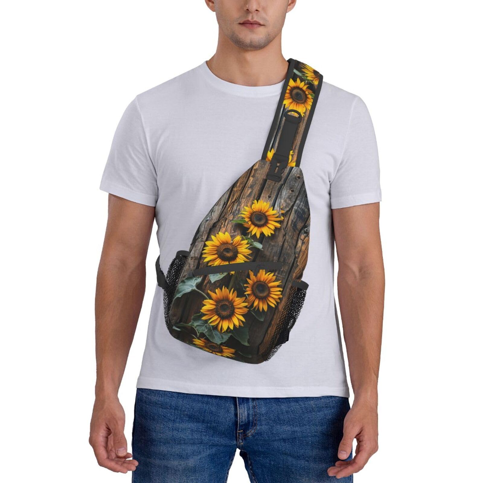 Sunflower Wooden Board Sling Backpack - Lightweight Waterproof Hiking Bag for Outdoor Sports
