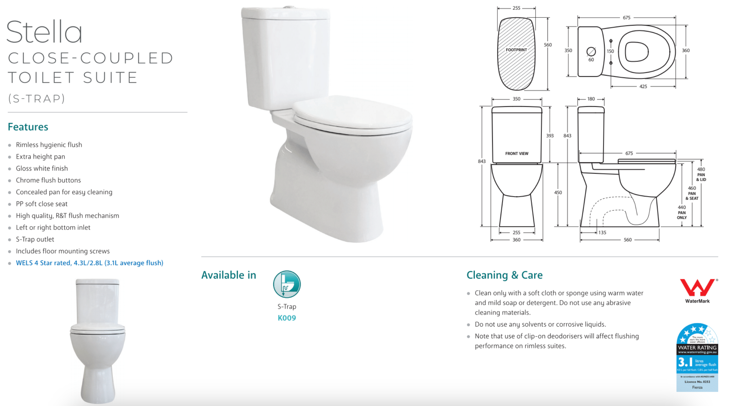 Fienza K009 Rimless Close Coupled Toilet with S-Trap, White - Modern Water-Saving Bathroom Solution for Small Spaces & Contemporary Homes