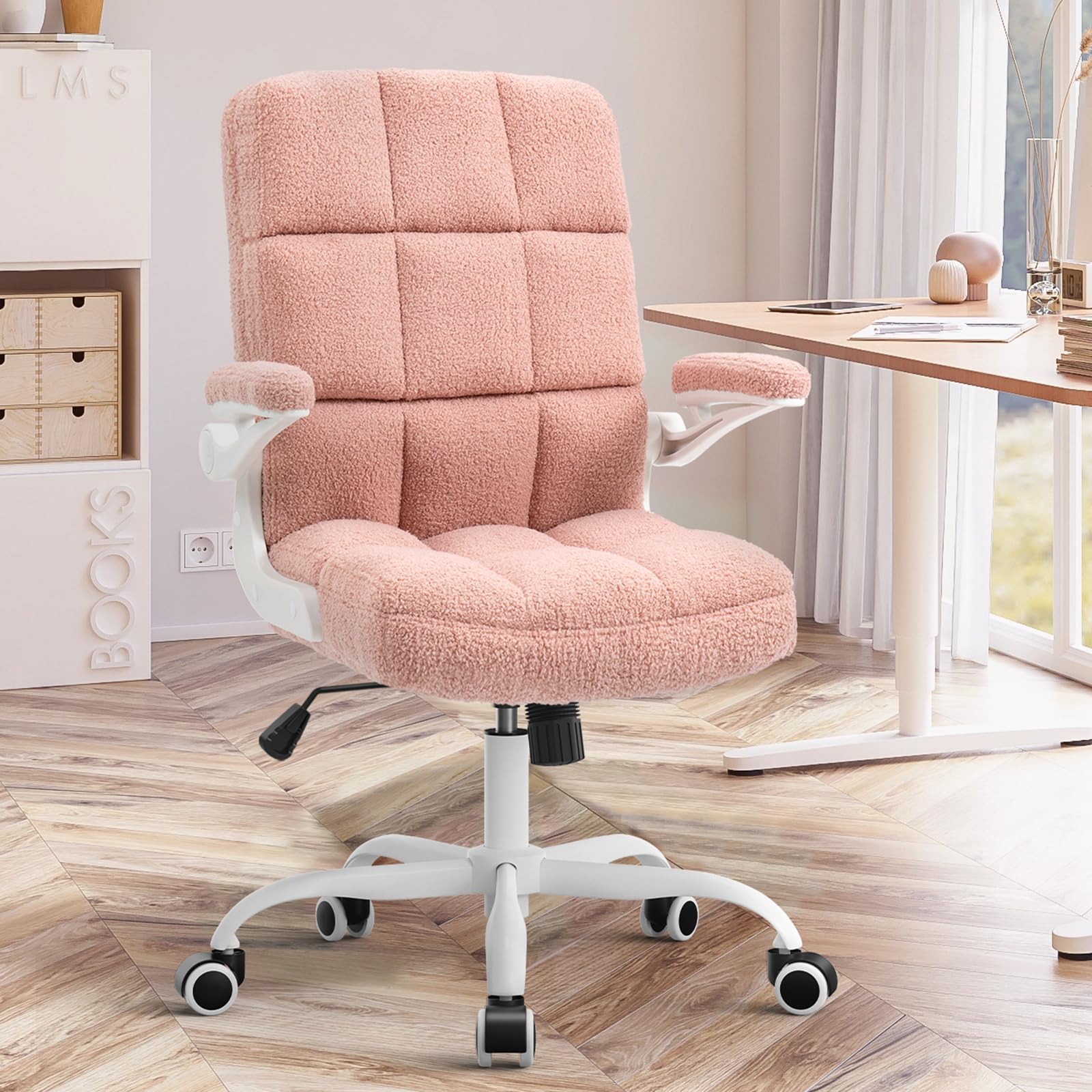 Ergonomic Pink Office Chair with Flip-Up Arms - Adjustable Height Rolling Desk Chair with Wheels - Soft Faux Fur Teddy Fleece Material - Perfect for Women's Home Office, Gaming, and Study Spaces