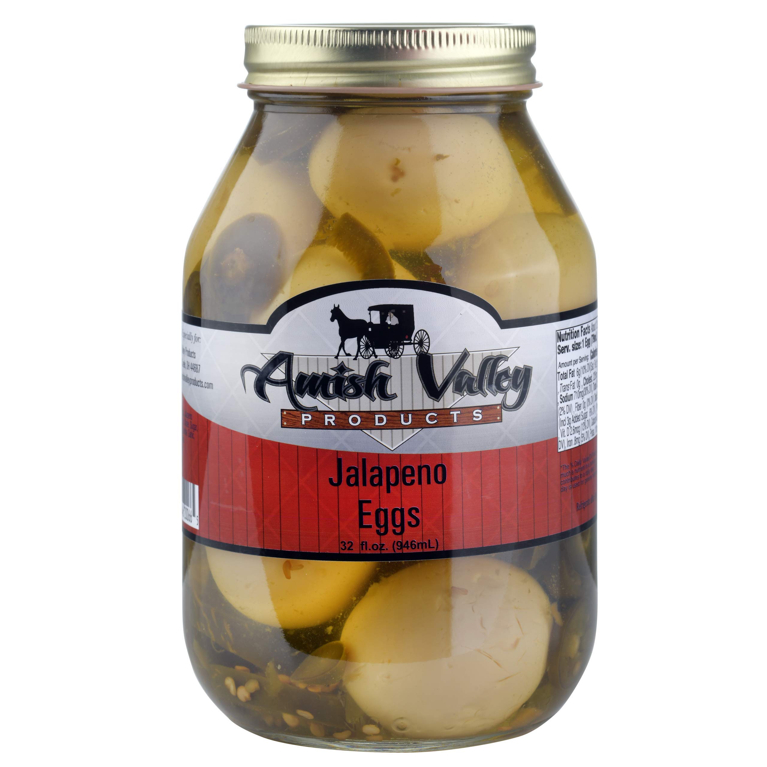Amish Valley Spicy Jalapeno Pickled Eggs in Quart Glass Jar (2 Pack - 64oz Total) | Perfect for Snacking, Camping & Party Appetizers