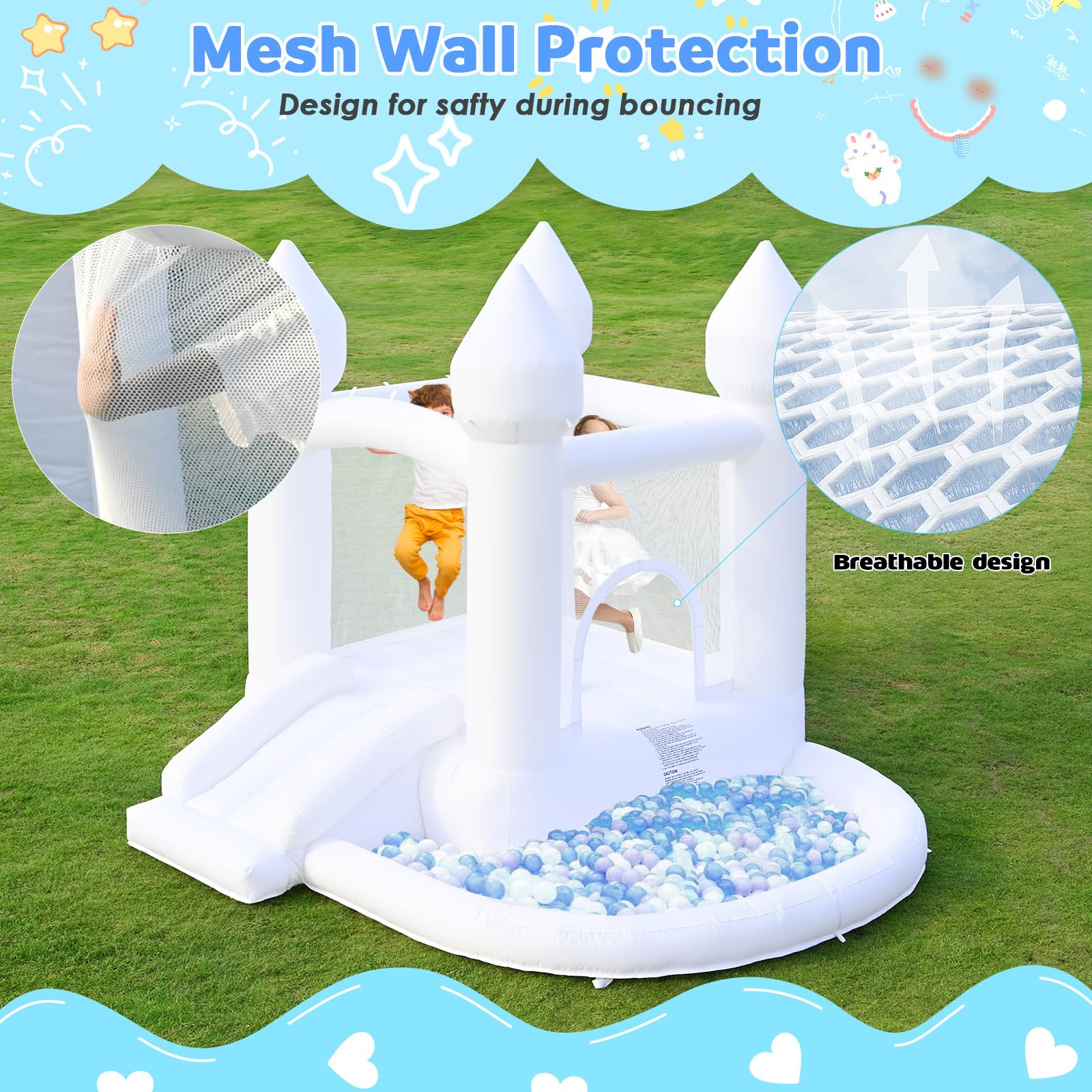 FOOING White Inflatable Bounce House with Air Blower - Jumping Castle with Ball Pit for Kids | Outdoor Party, Birthday, Wedding & Backyard Fun | Easy Setup & Safe Family Entertainment