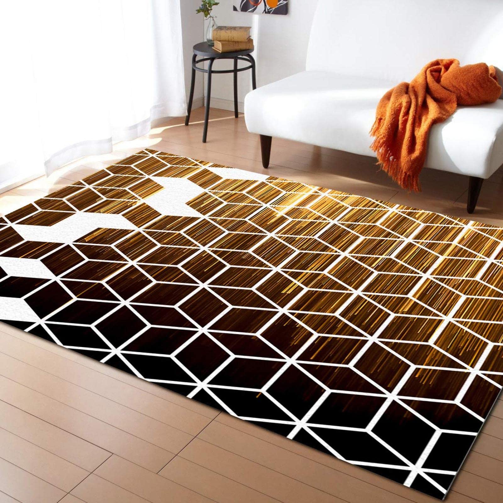 Striped Cube White Line Area Rug - Golden Gradient Non-Slip Washable Carpet for Living Room, Bedroom & Home Office (6x8 ft) | Soft Floor Mat for Cozy Home Decor & Modern Interior Design