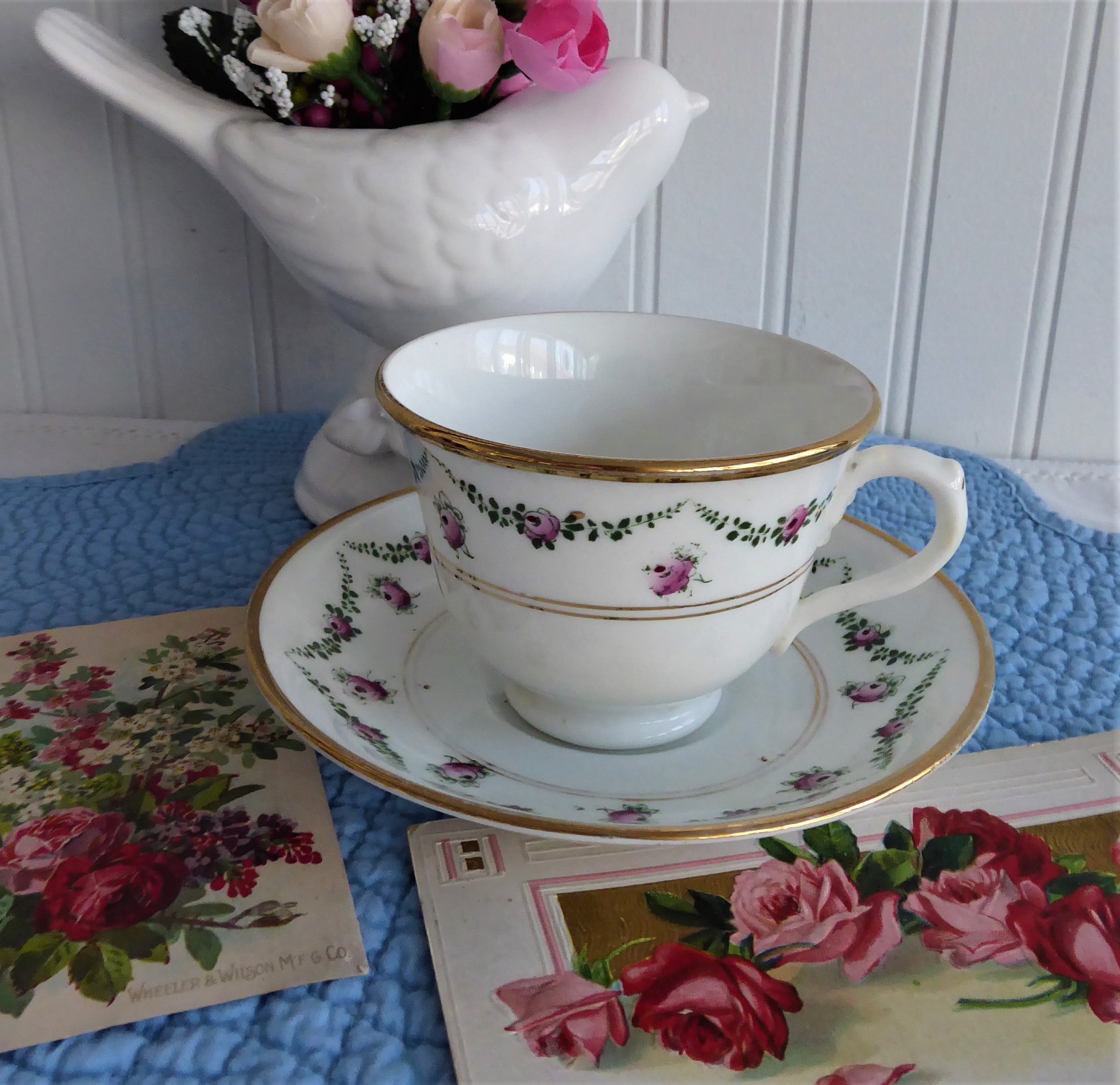Vintage Edwardian Royal Albert Crown Cup & Saucer Set - Rosebud Swags with Gold Trim (1910 Bone China) - Elegant Floral Tea Set for Afternoon Tea, Wedding Gifts & Vintage Collectibles