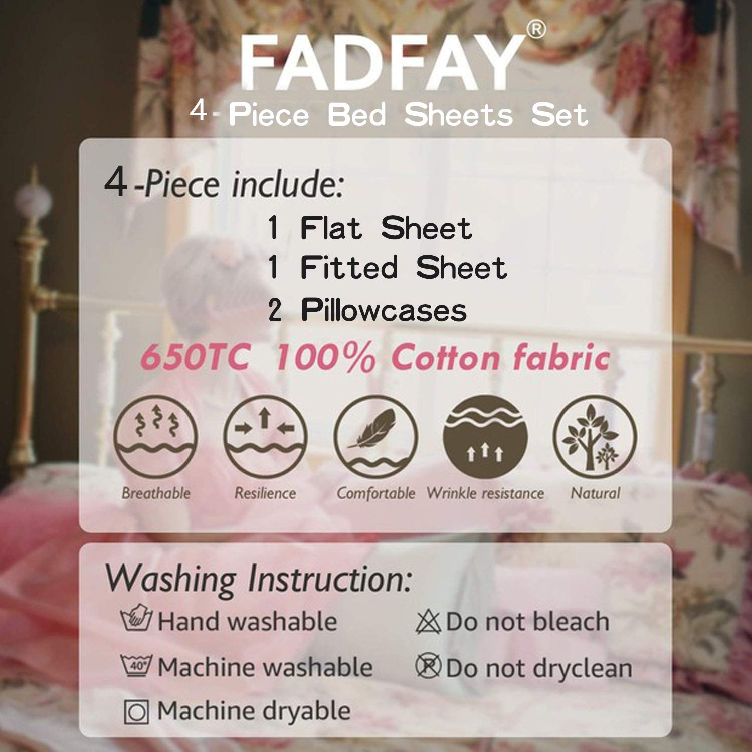 FADFAY Cotton Rose Floral Print Bed Sheets 4-Piece King Size Set - Soft Breathable Bedding for Comfortable Sleep, Perfect for Master Bedroom, Guest Room & Hotel Use