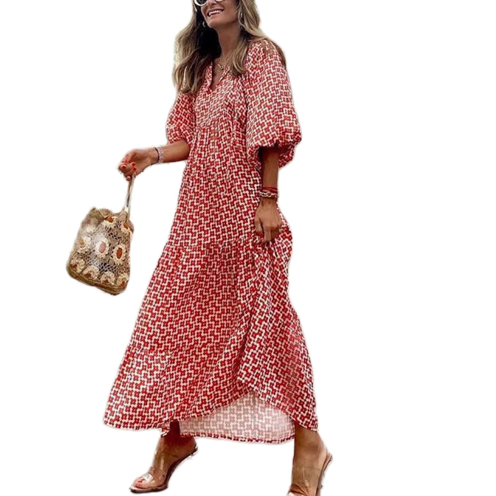 NUFIWI Women's Summer Boho Floral Print Short Puff Sleeve V-Neck Maxi Dress - Smocked Waist Tiered Flare Sundress for Beach Vacation, Music Festival & Casual Outings