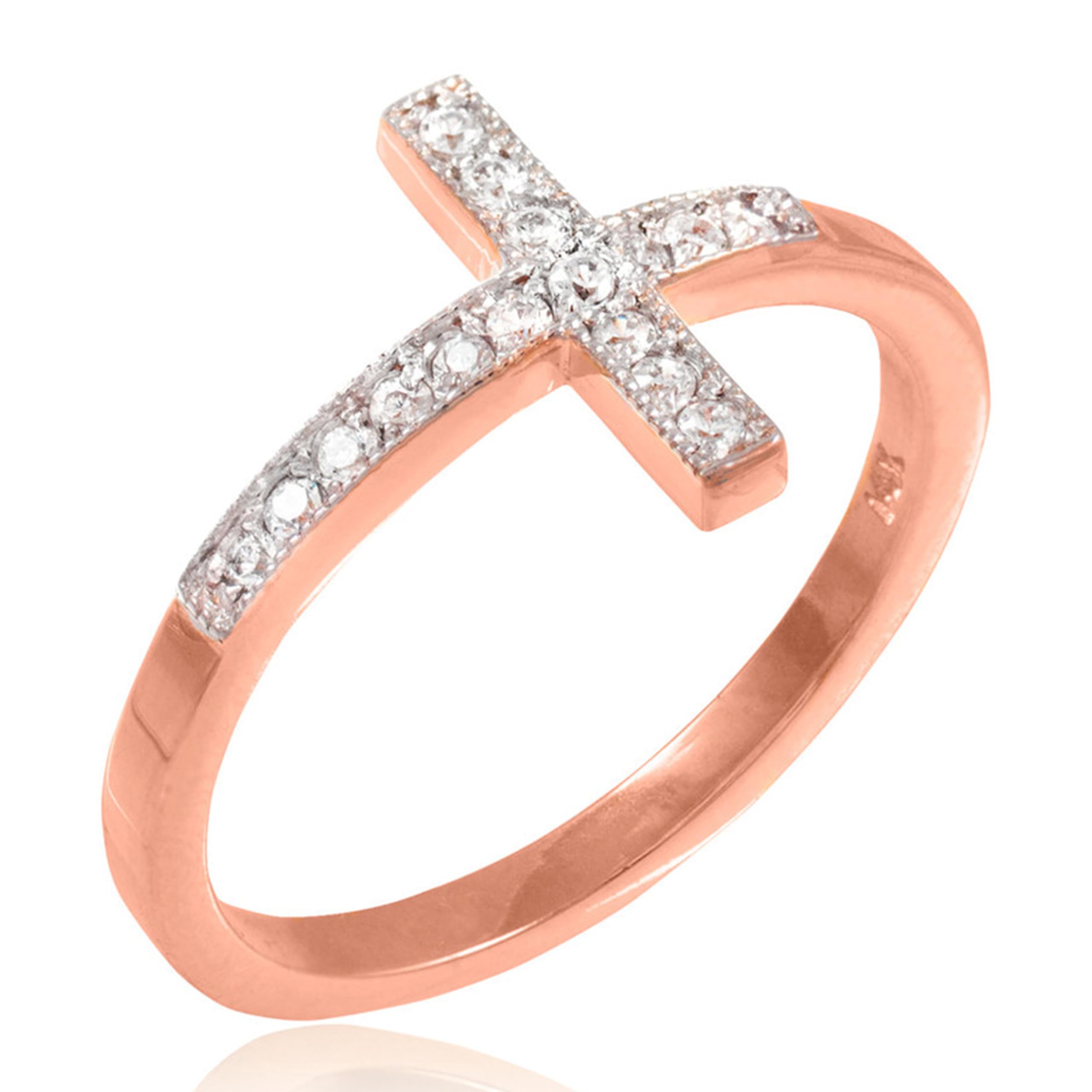 14K Rose Gold CZ Sideways Cross Ring - Size 10.75 - Elegant Religious Jewelry for Women - Perfect for Church, Weddings & Everyday Wear