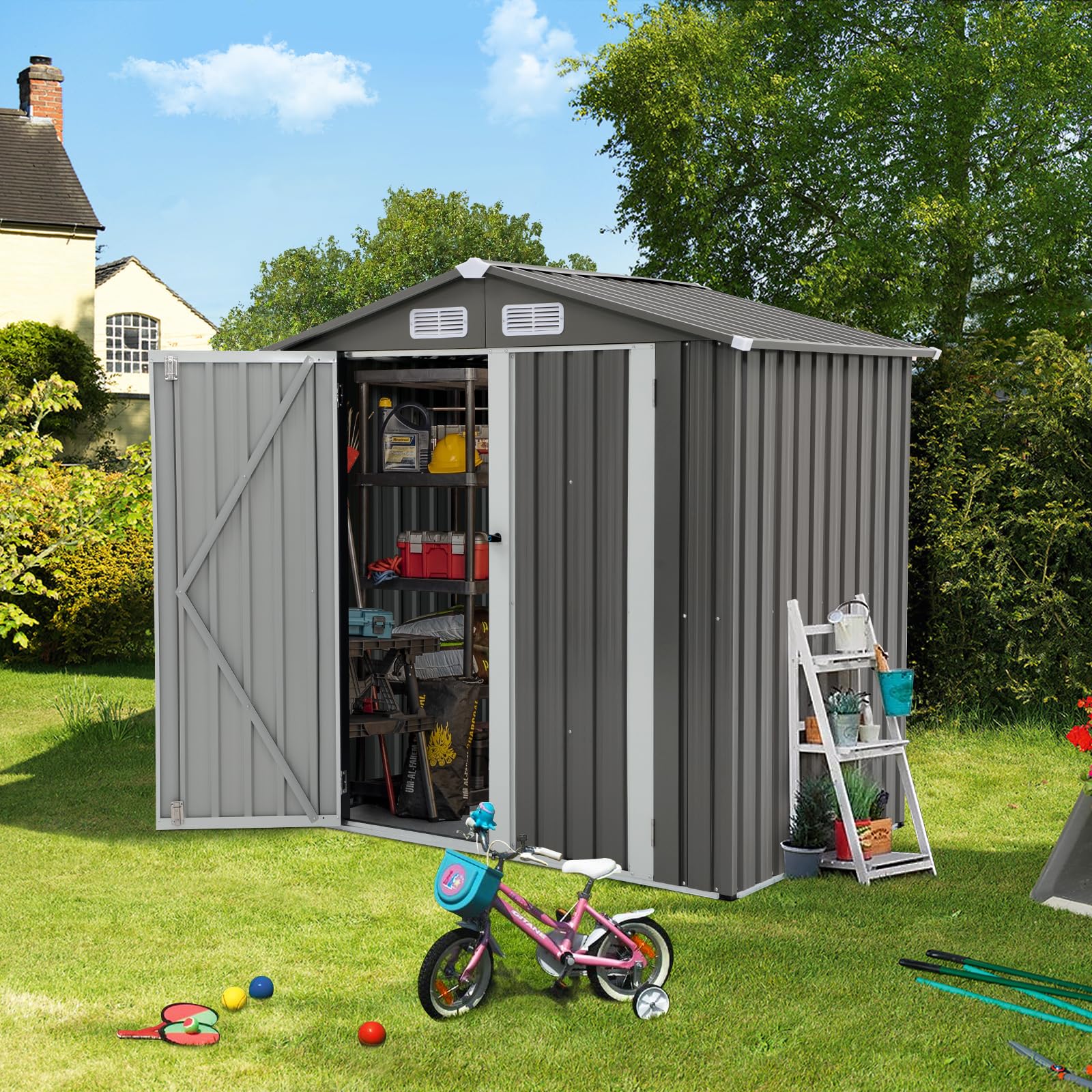 Verano Garden 6x4 FT Outdoor Storage Shed | Galvanized Steel Metal Tool Shed with Double Lockable Doors | Weather-Resistant Backyard, Patio & Lawn Storage Solution for Gardening Tools, Equipment & Supplies