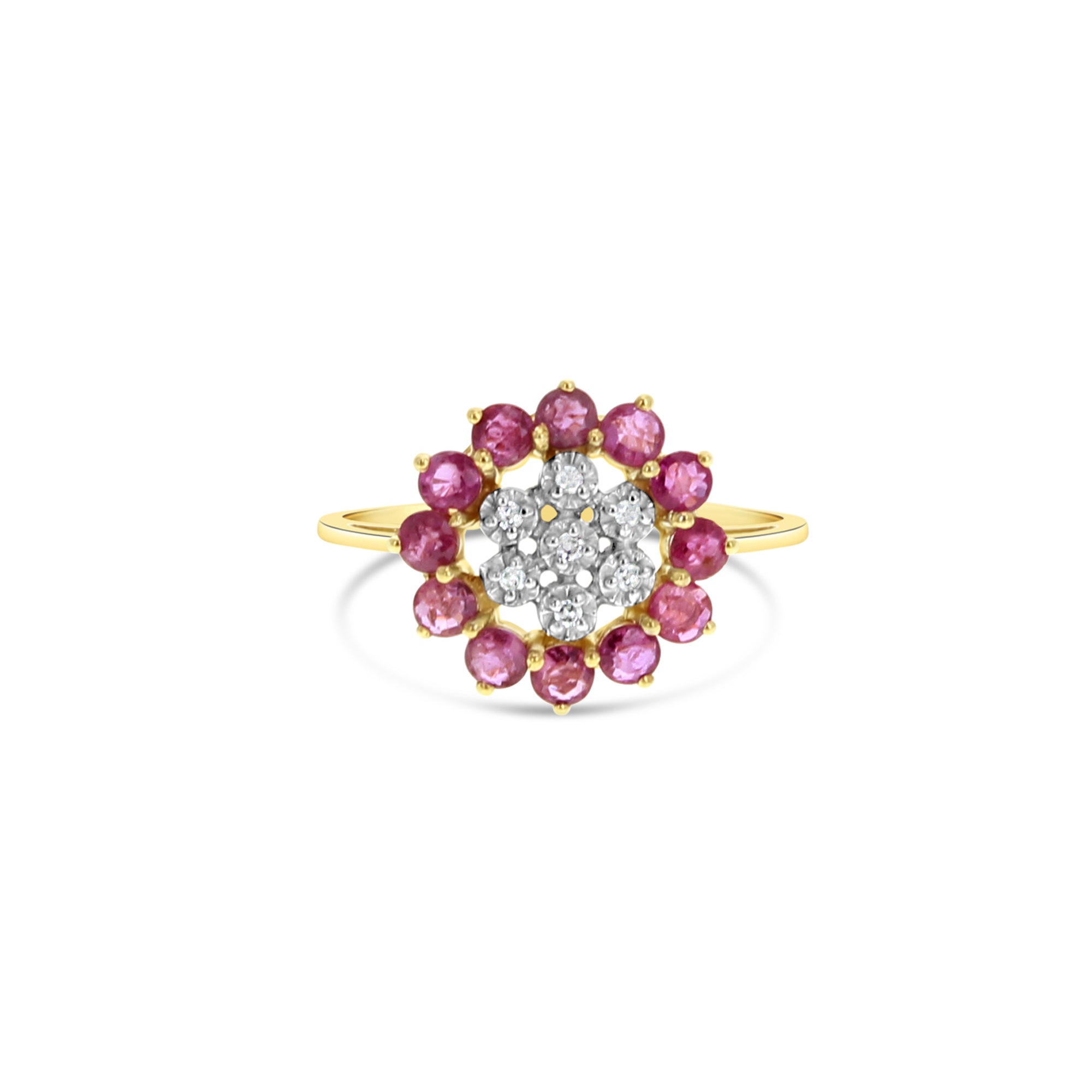 1.00cttw Ruby & Diamond Sunburst Ring in 14k Yellow Gold – Elegant Statement Jewelry for Women, Perfect for Weddings, Anniversaries & Special Occasions