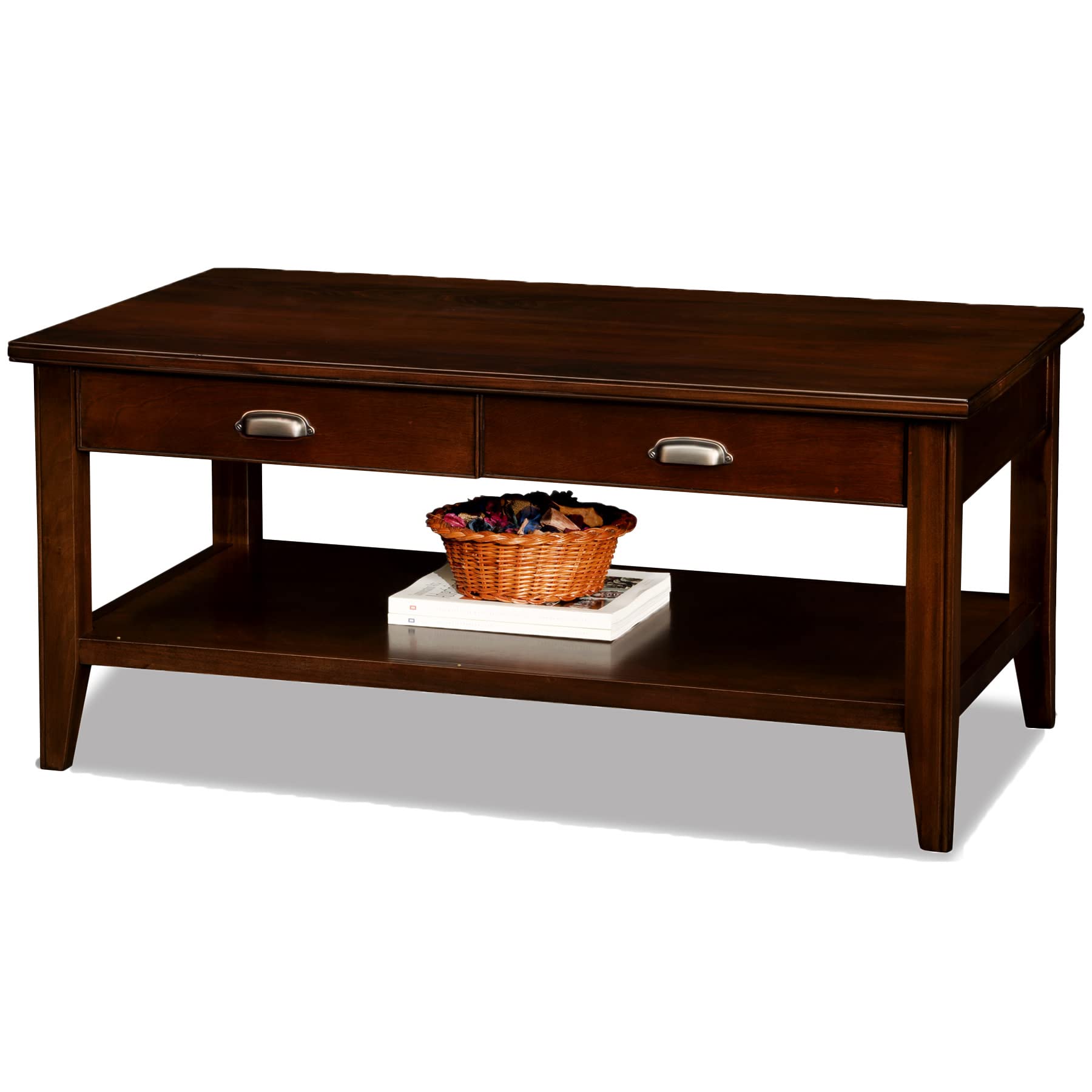 Leick Home 10504 Laurent 2-Drawer Coffee Table with Shelf in Chocolate Cherry Finish - Modern Living Room Furniture for Small Spaces & Home Decor