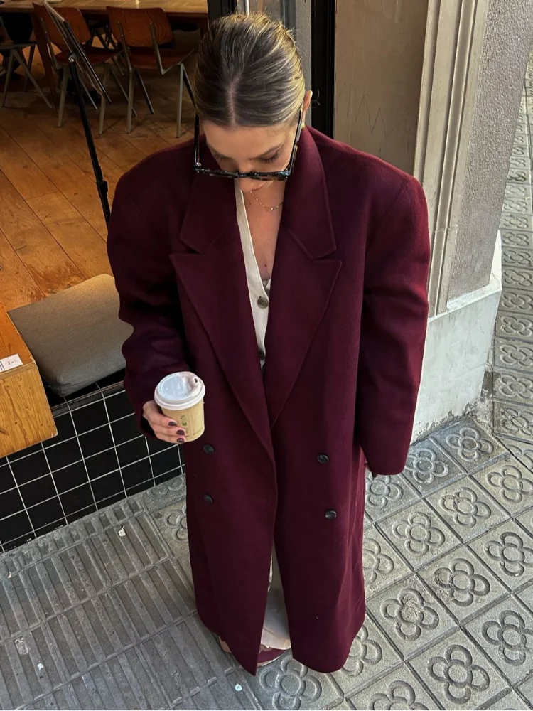 Stylish Burgundy Red Double Breasted Oversized Overcoat for Women - Casual Lapel Pockets Long Sleeve Coat - High Street Fashion for Work, Dating & Fall/Winter Outfits