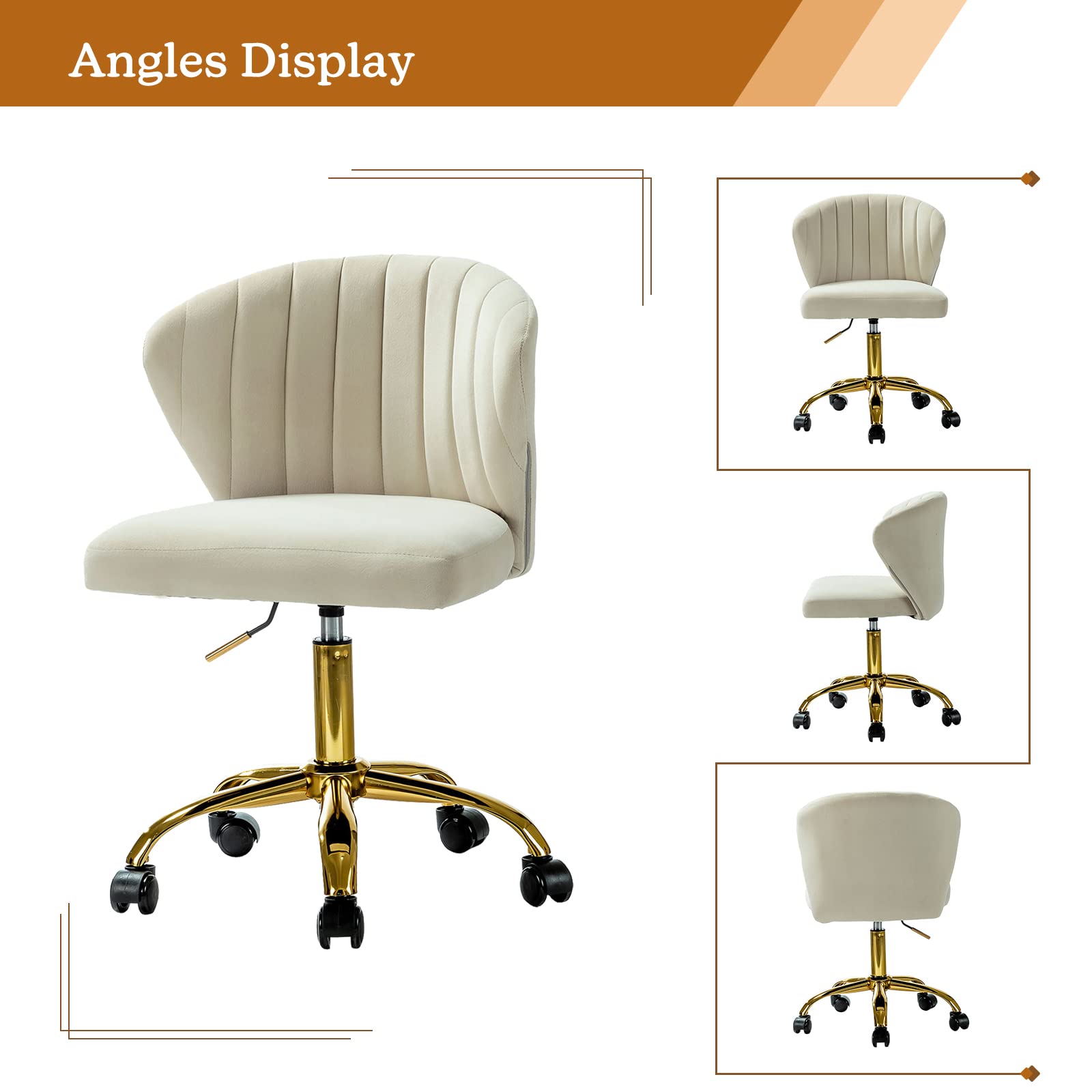 TINA'S HOME Modern Velvet Office Chair with Wheels & Gold Base - Adjustable Low Back Swivel Rolling Task Chair for Home Office, Living Room, Vanity or Study - Armless Upholstered Desk Chair in Tan | Perfect for Small Spaces, Work from Home & Makeup Stations