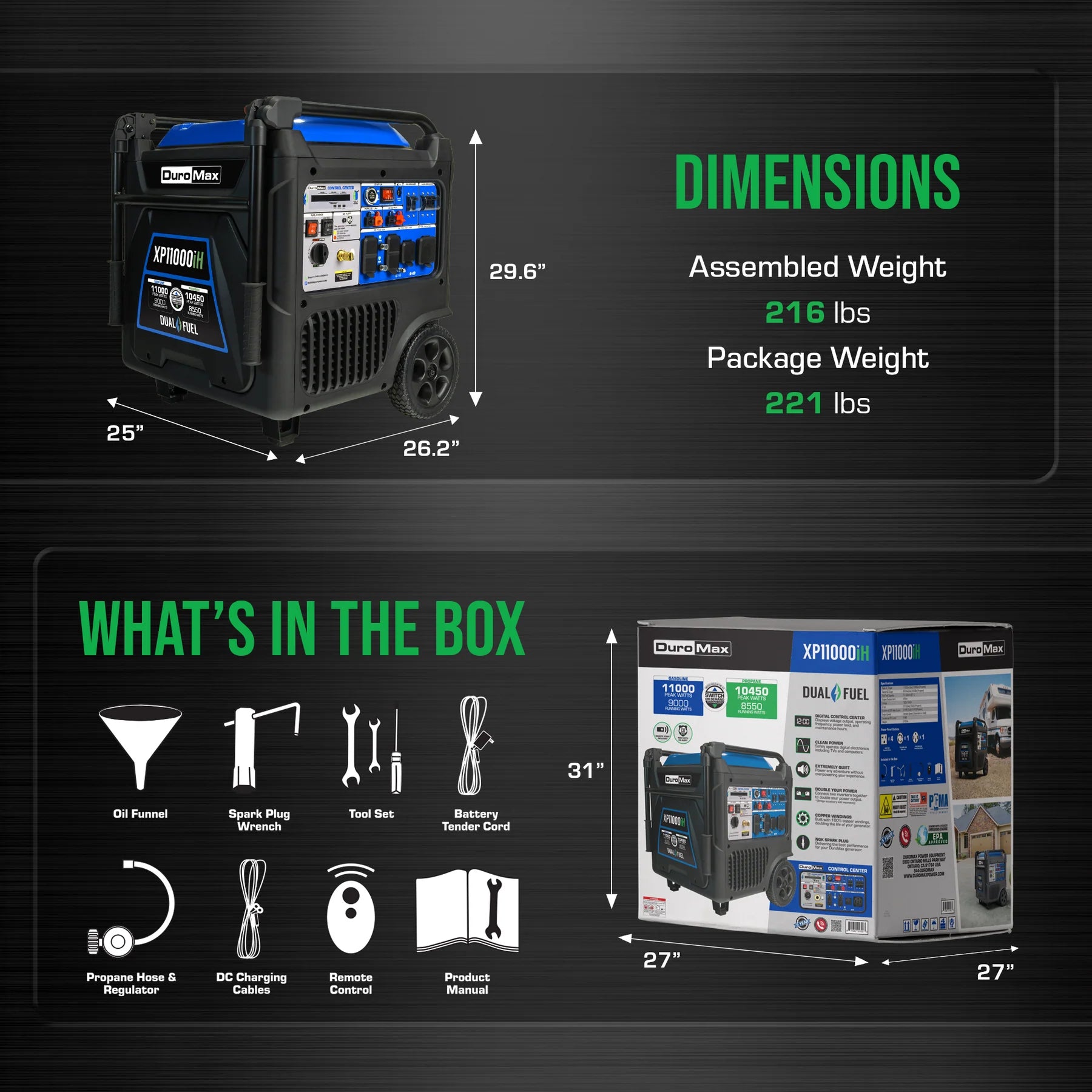 DuroMax XP11000iH 9000W/11000W Dual Fuel Portable Generator - Gas & Propane Powered with Remote Start, Inverter Technology & CO Alert - Ideal for Home Backup Power, Camping, RV Trips and Emergency Use