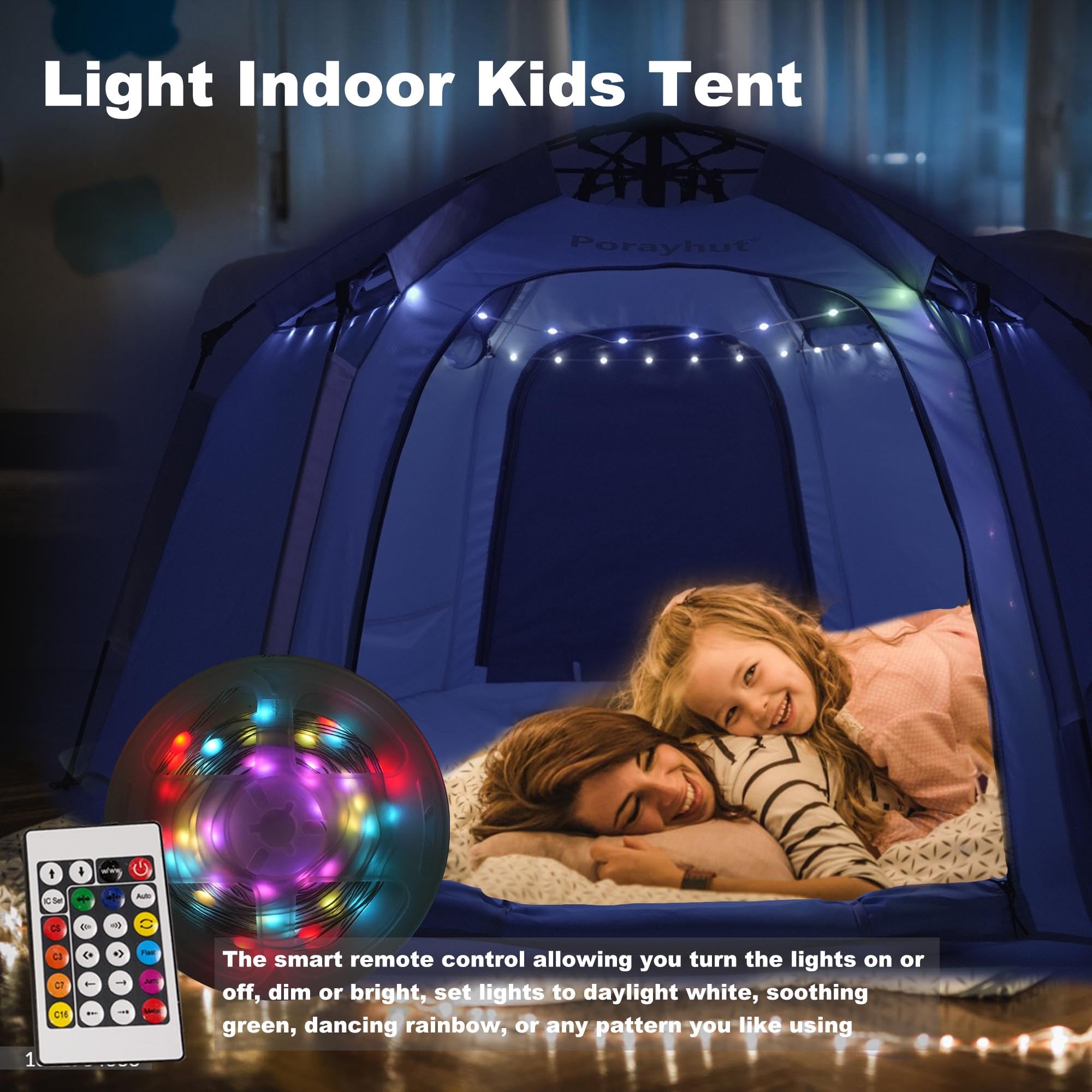 Portable Hexagon Kids Play Tent with LED Strip Lights - Indoor Children Playhouse, Easy Setup Space Tent for 4-5 Kids, Dream Tent for Nighttime Play & Birthday Gifts - Perfect for Bedroom, Nursery, Playroom, and Birthday Parties