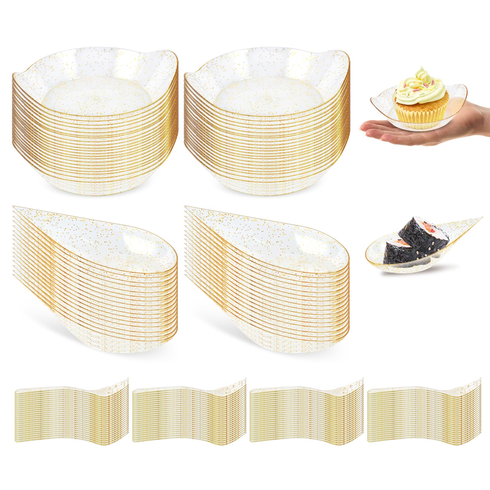 XUWAIDSGN 100-Piece Gold Mini Appetizer Plates Set - Elegant Tear Drop & Square Dessert Plates with Forks & Spoons - Perfect for Weddings, Cocktail Parties & Formal Events - Ideal for Serving Chocolates, Canapés & Hors d'oeuvres