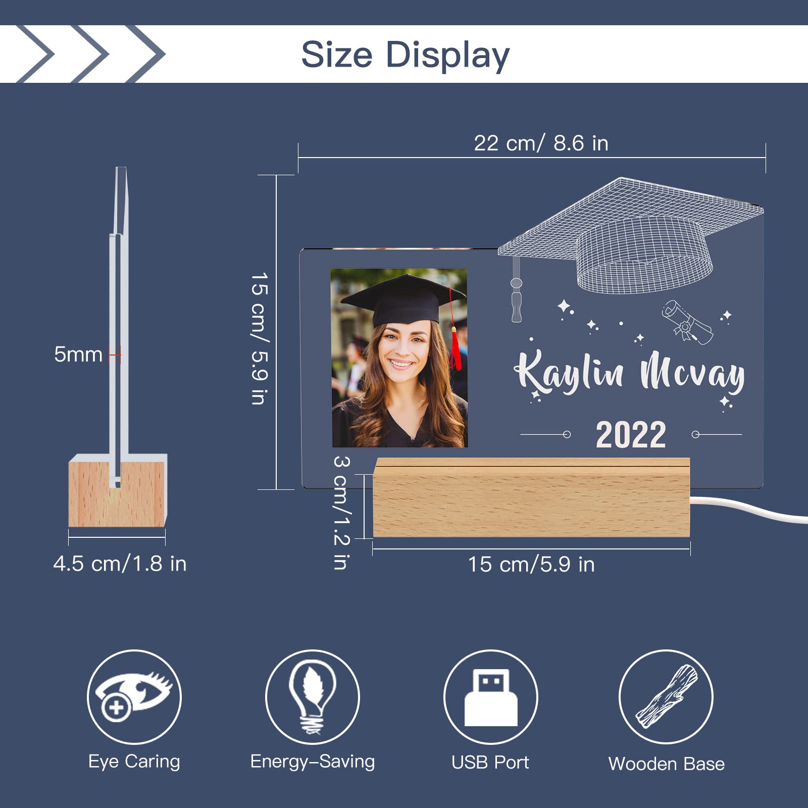 Personalized Graduation Night Light - Custom 3D Illusion Graduation Cap LED Lamp with Photo, Class of 2024 Gift for Him, Her, Son, Daughter, Grandkids | Perfect Graduation Party Decor, Dorm Room Lighting & Sentimental Keepsake
