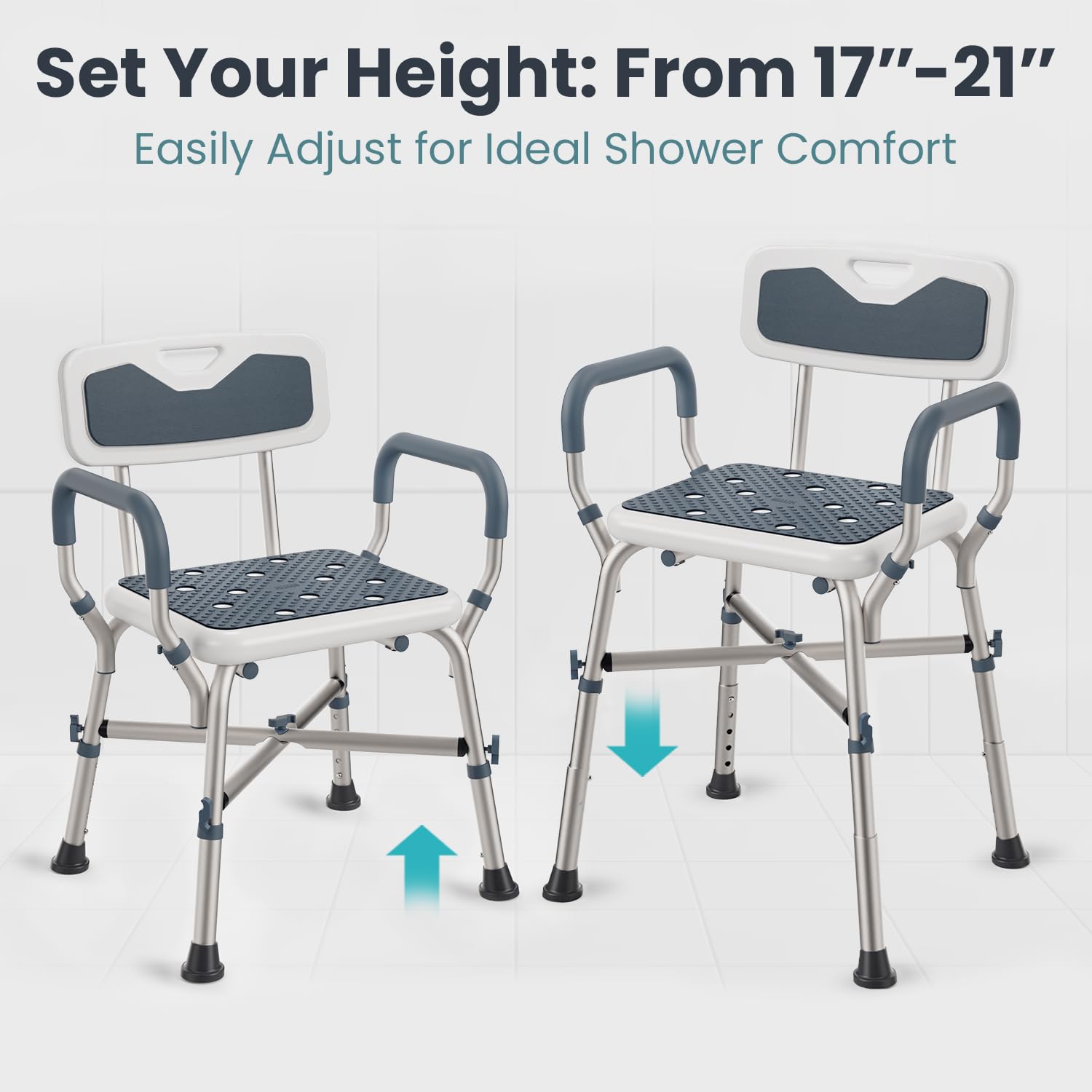 **Heavy Duty Shower Chair for Elderly & Disabled - 450lb Capacity, Adjustable Height, Padded Armrests & Back Support - Non-Slip Bath Seat for Safe Showering at Home, Hospital, or Assisted Living (Blue)**