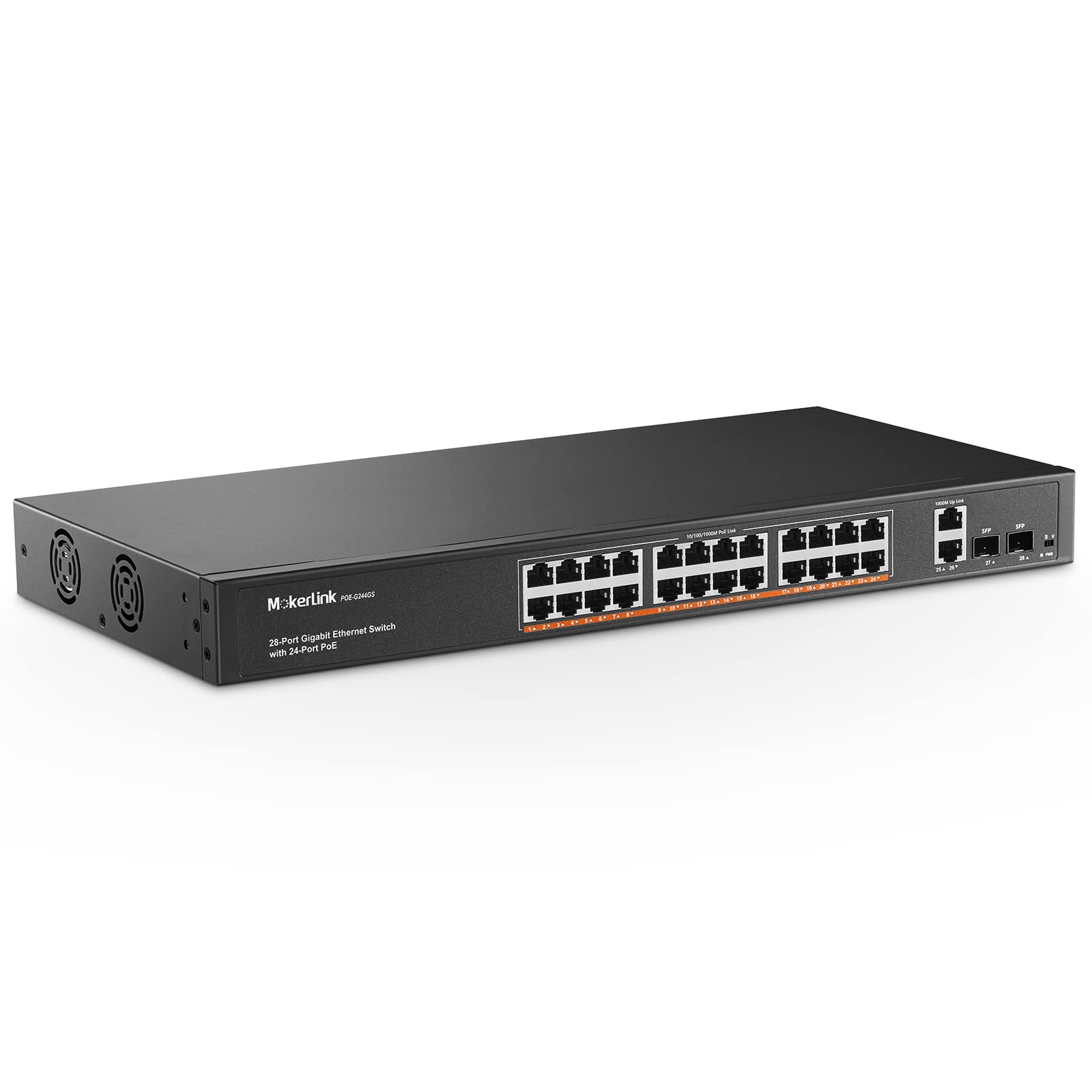 MokerLink 24 Port Gigabit PoE Switch with 2 Ethernet Uplink & 2 SFP Ports, 400W IEEE 802.3af/at Rackmount Unmanaged Network Switch for Home Office, Surveillance & Business Networking