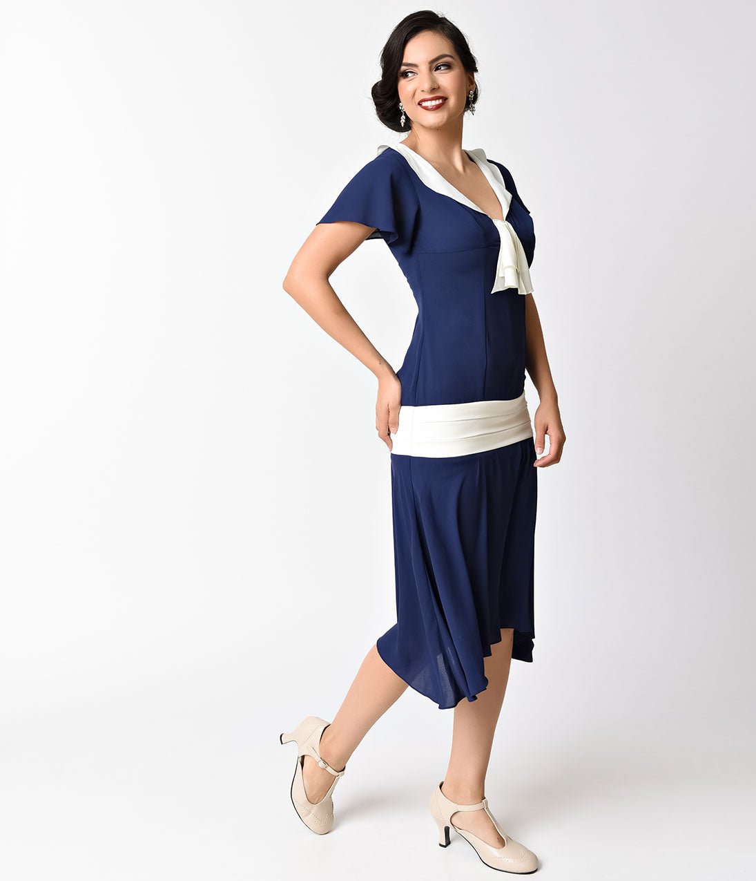Vintage 1920s Navy Blue & Ivory Wilshire Flapper Day Dress - Retro 20s Gatsby Party Costume, Roaring Twenties Theme Outfit for Women