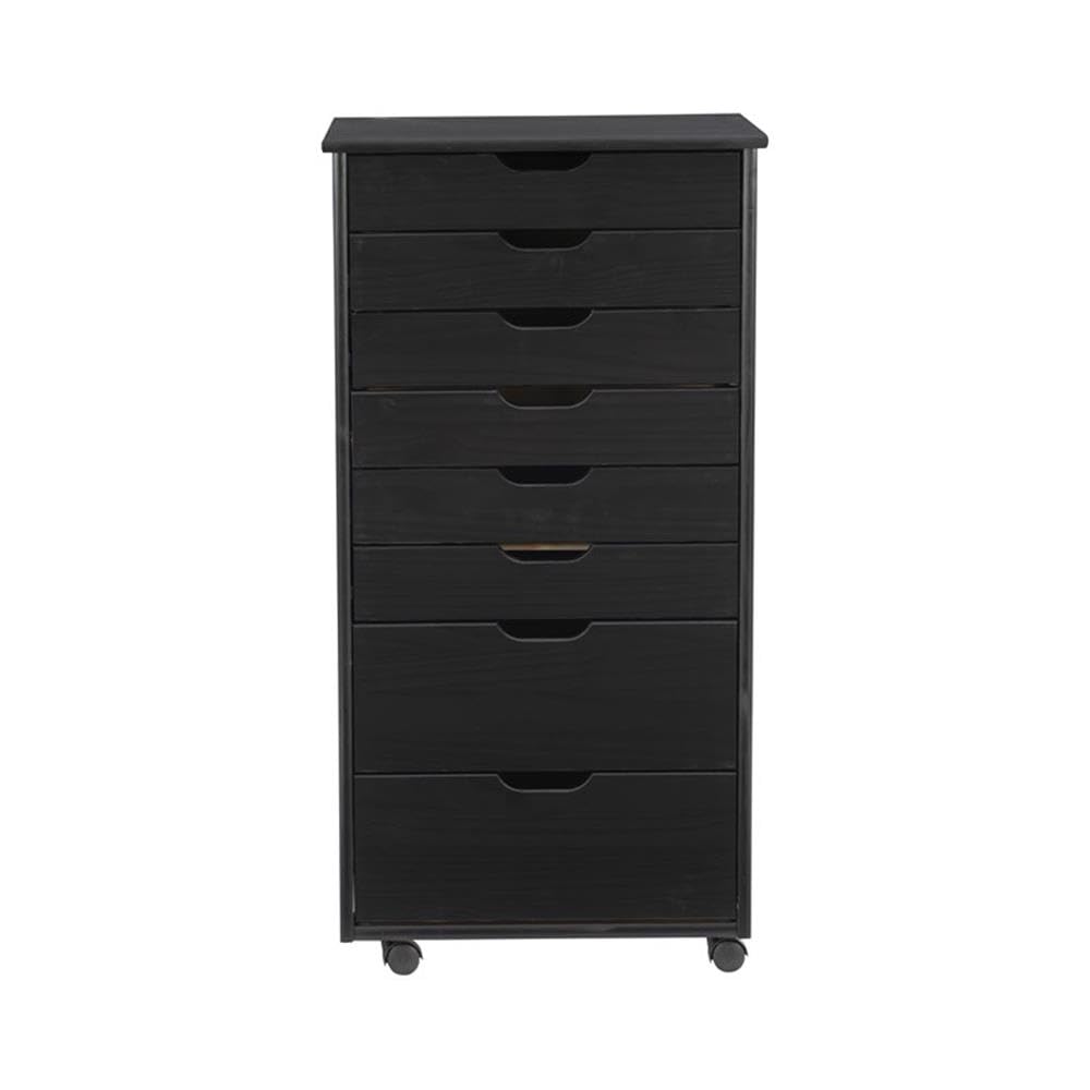 8-Drawer Black Wooden Rolling Storage Cart - Mobile Organizer for Bedroom, Office, or Craft Room - Transitional Style with Smooth Wheels