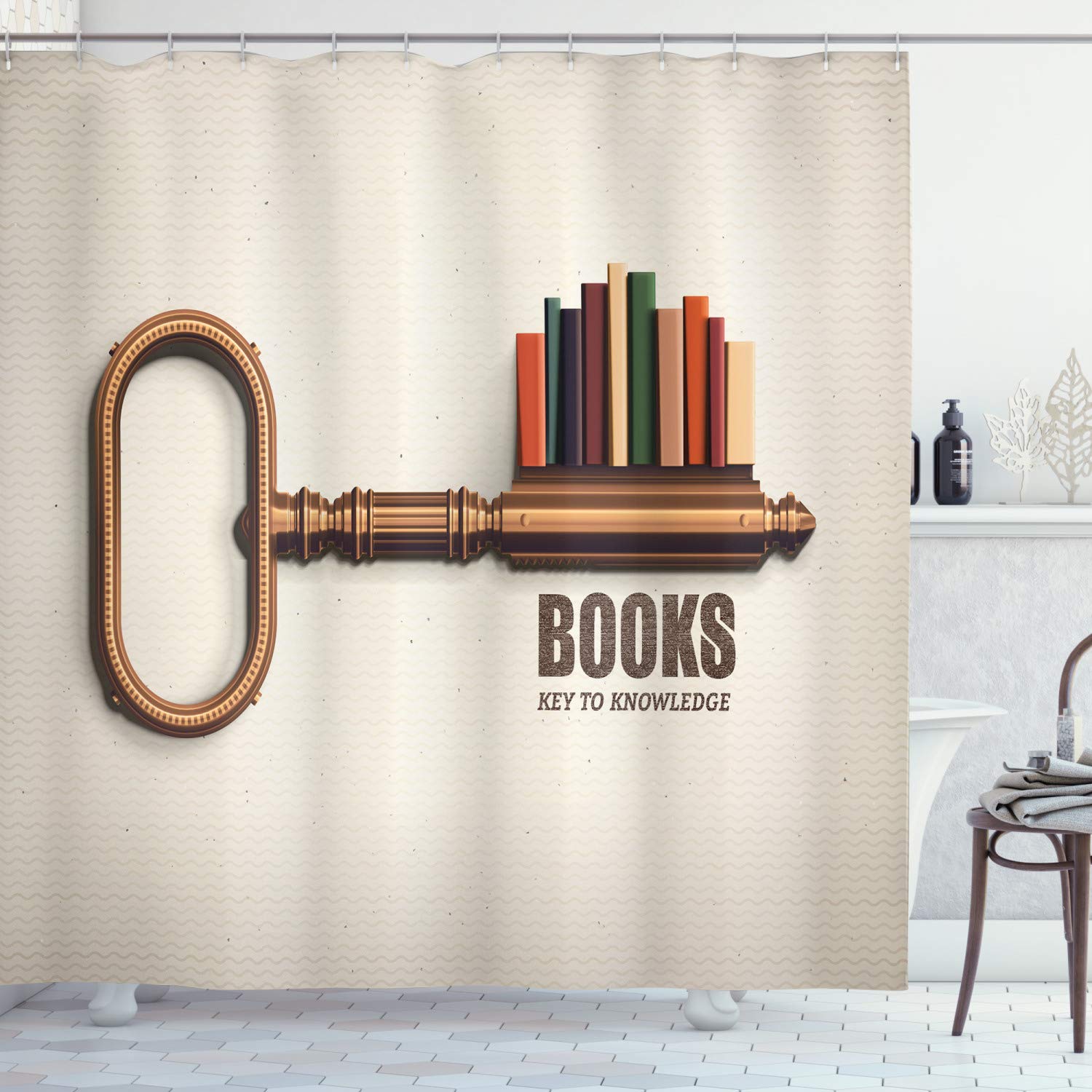 Ambesonne Book Shower Curtain - Colorful Key-Shaped Bookshelf Design with Knowledge Print, 69x75 Inch Fabric Bathroom Decor with Hooks - Perfect for Book Lovers & Literary-Themed Bathrooms