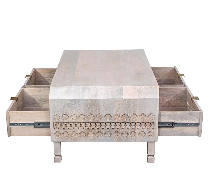 Solid Wood Coffee Table with 4 Drawers & Dust-Proof Storage - White Modern Living Room Furniture for Home & Office Use