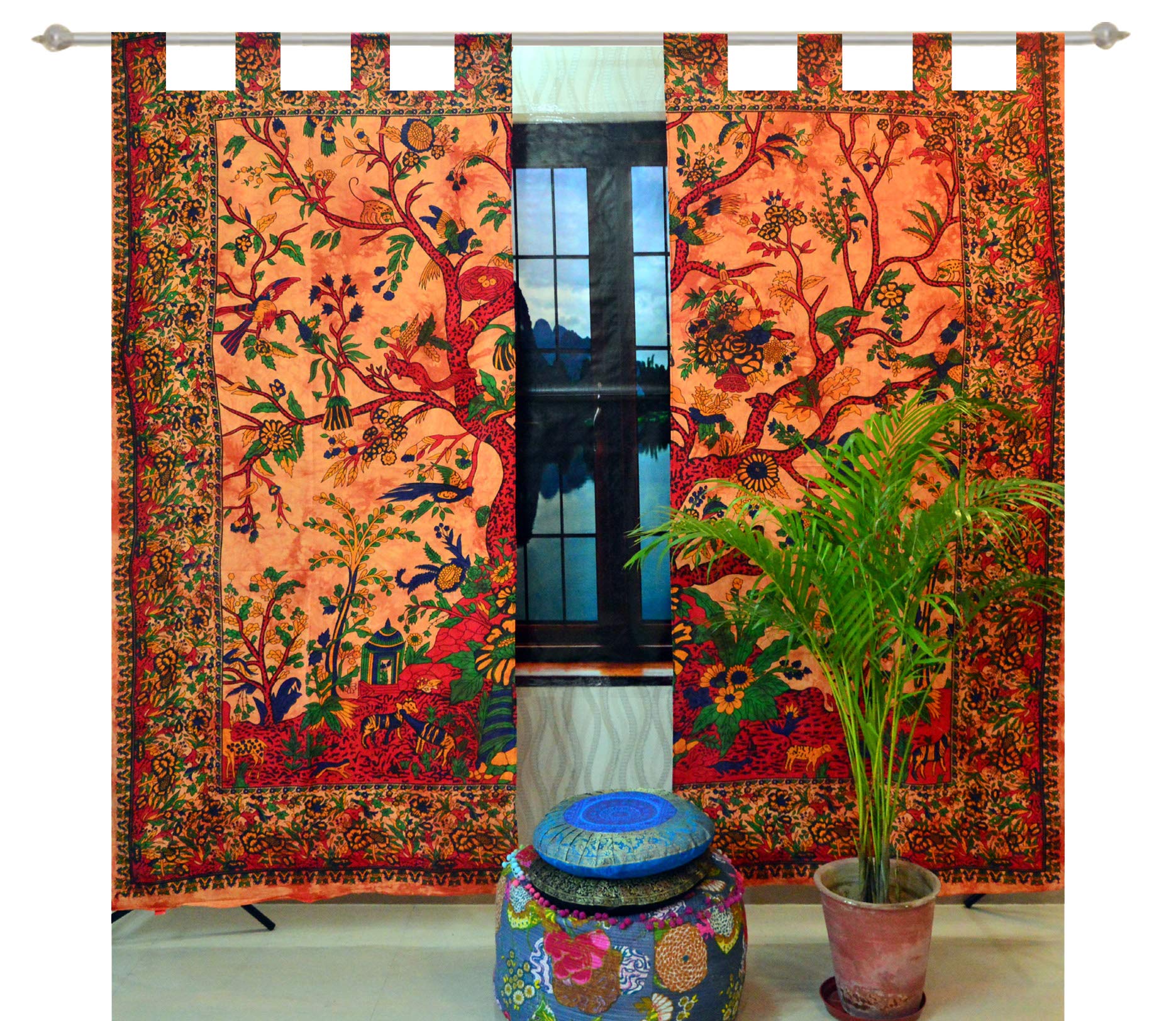 Boho Mandala Tab Top Curtains - Indian Ethnic Drape for Balcony & Room Decor