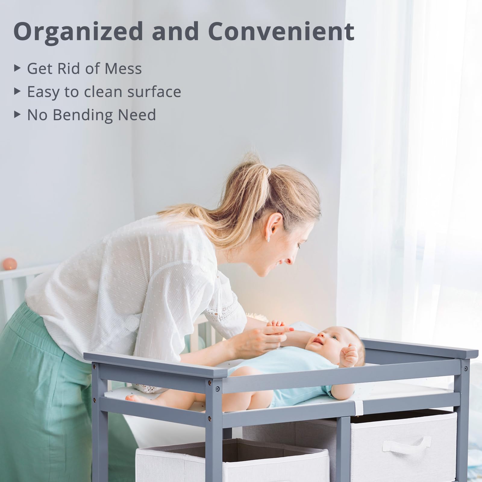 Wooden Baby Changing Table with Laundry Hamper & 3 Drawers - Infant Diaper Changing Station Dresser with Changing Pad - Perfect for Nursery, Bedroom & Baby Care Organization
