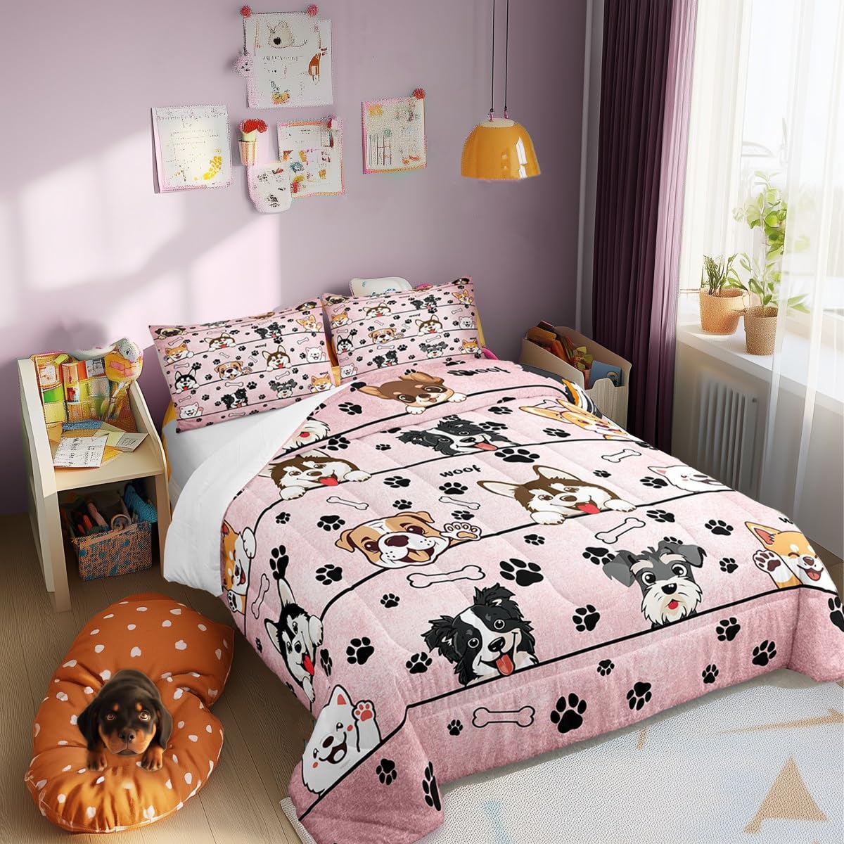 Cute Dog Twin Comforter Set - Soft Cartoon Puppy Bedding for Kids' Room Decor, 2 Pcs