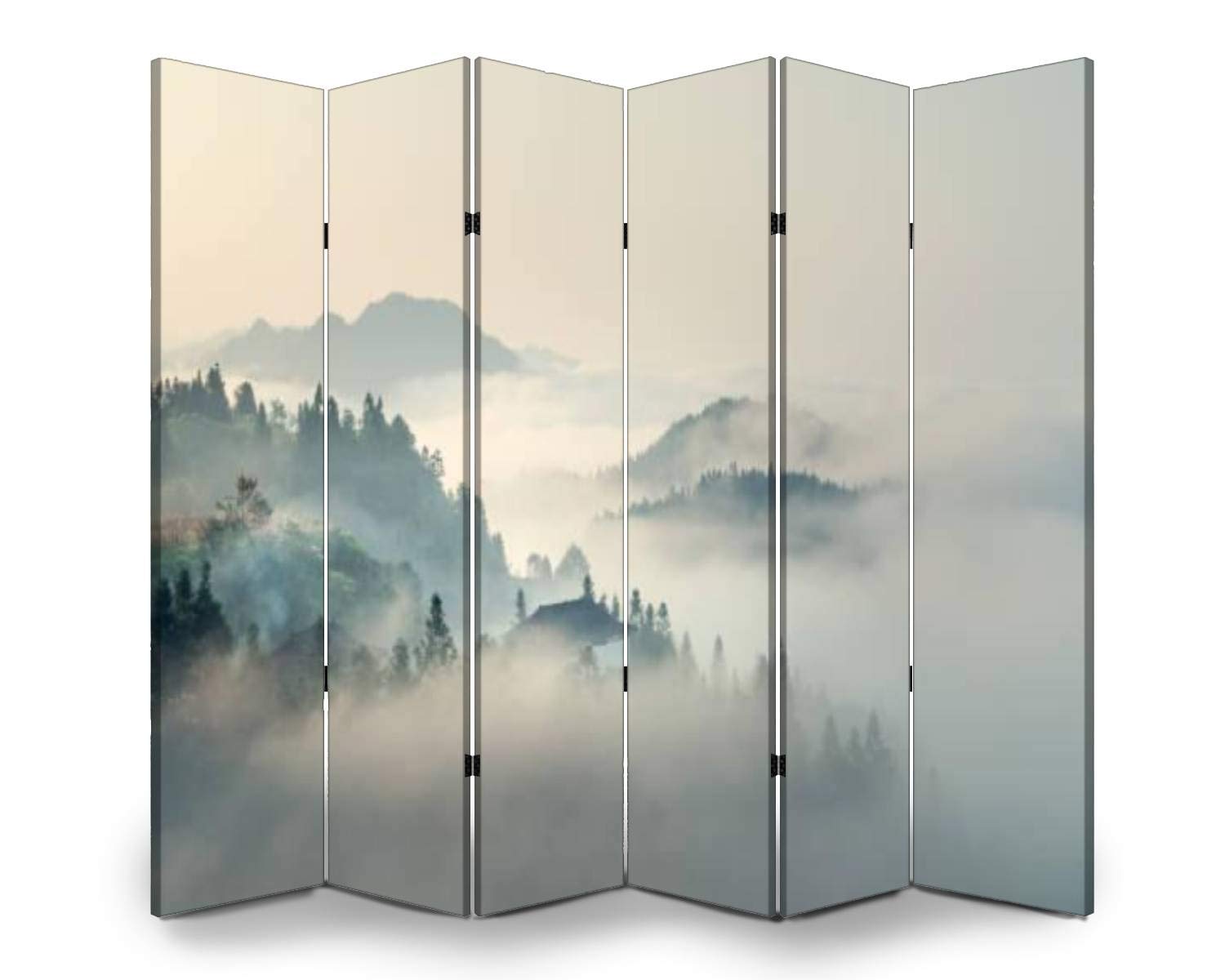 APED DECOR Wooden Room Divider - 6-Panel Folding Privacy Screen with Dual-Sided Canvas Design (Morning Mist Pattern) for Home Office, Bedroom Partition & Indoor Decoration | Space-Saving Room Separator & Display Shelf