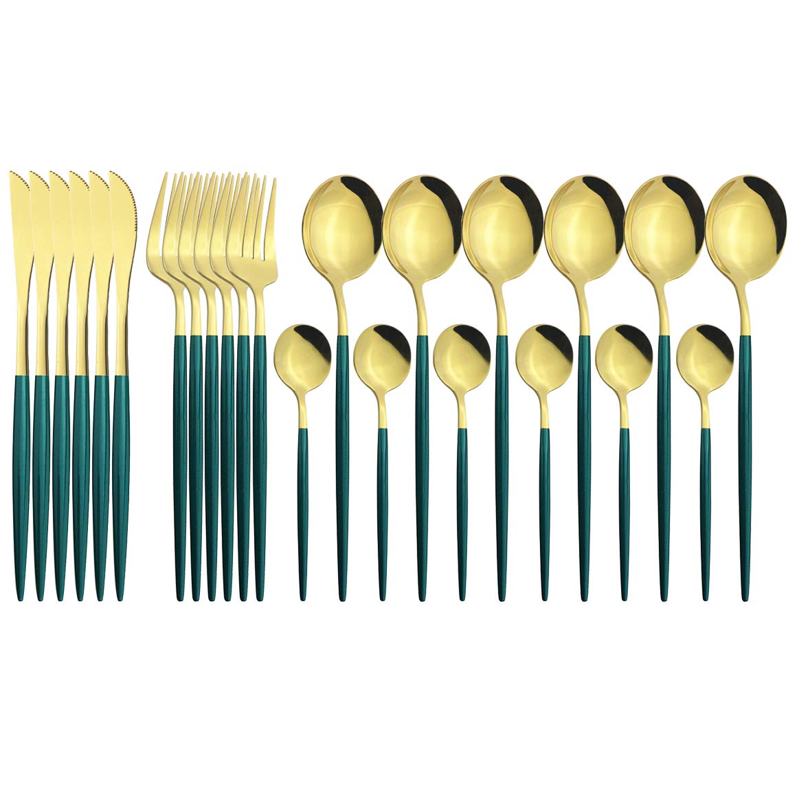 Premium 24-Piece Stainless Steel Flatware Set - Gold Silverware with Dinner Knives, Forks & Coffee Spoons - Elegant Green Gold Cutlery for Dining, Kitchen & Table Setting - Perfect for Restaurants, Weddings & Dinner Parties