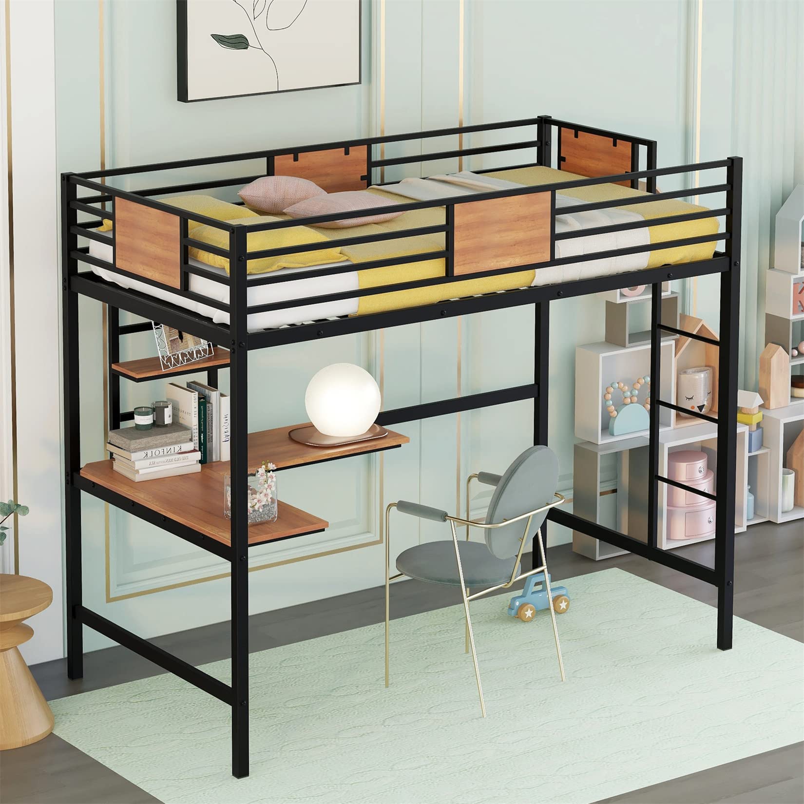 **Black Twin Loft Bed with Desk & Bookcase - Sturdy Metal Bunk Bed for Kids with Ladder & Safety Guard Rail - Perfect for Small Bedrooms, Dorms, or Shared Kids' Rooms**